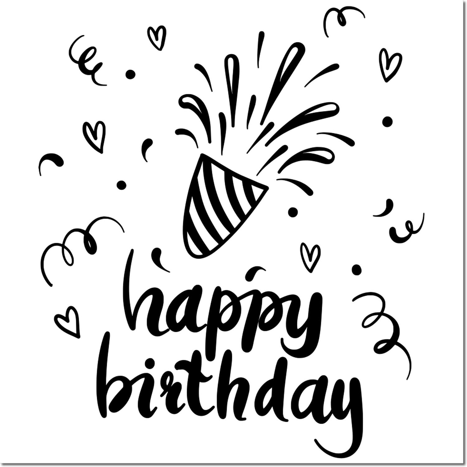 Happy birthday rubber stamp design with party confetti, hearts, and festive celebration text for cards and crafts.