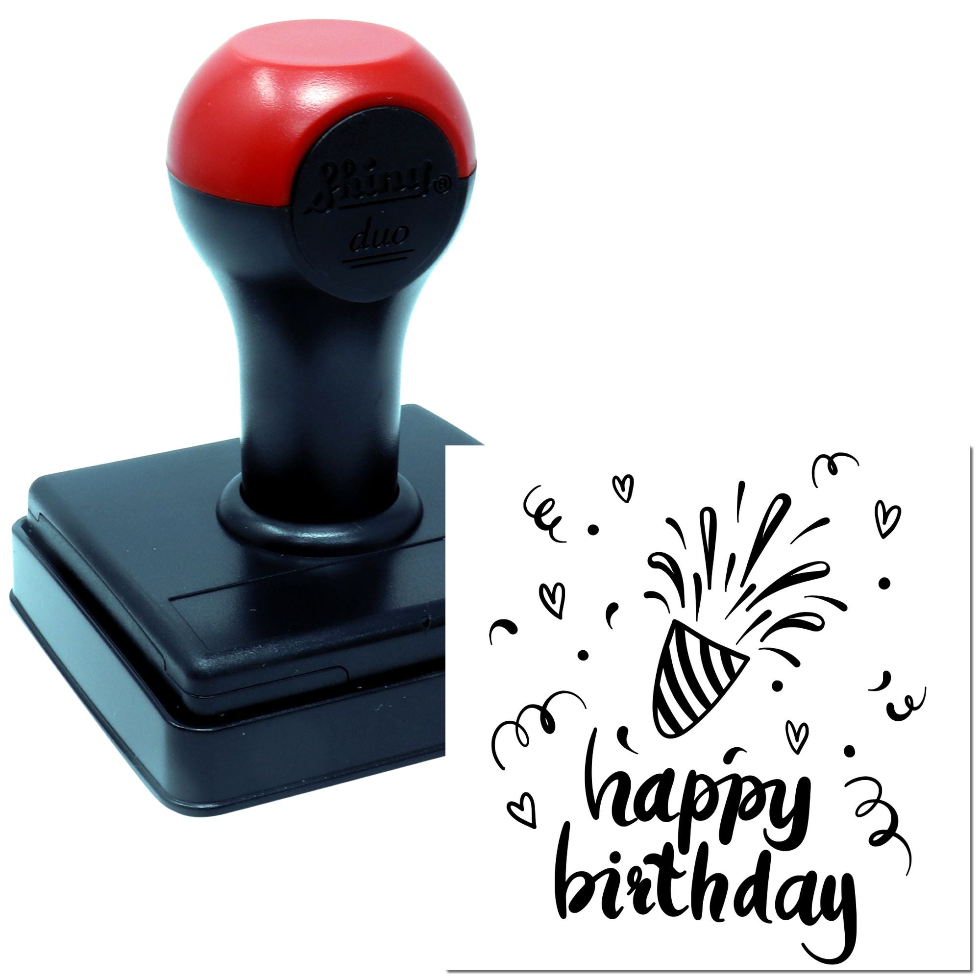 Self-inking happy birthday rubber stamp with confetti and hearts for cards, party favors, and craft projects.