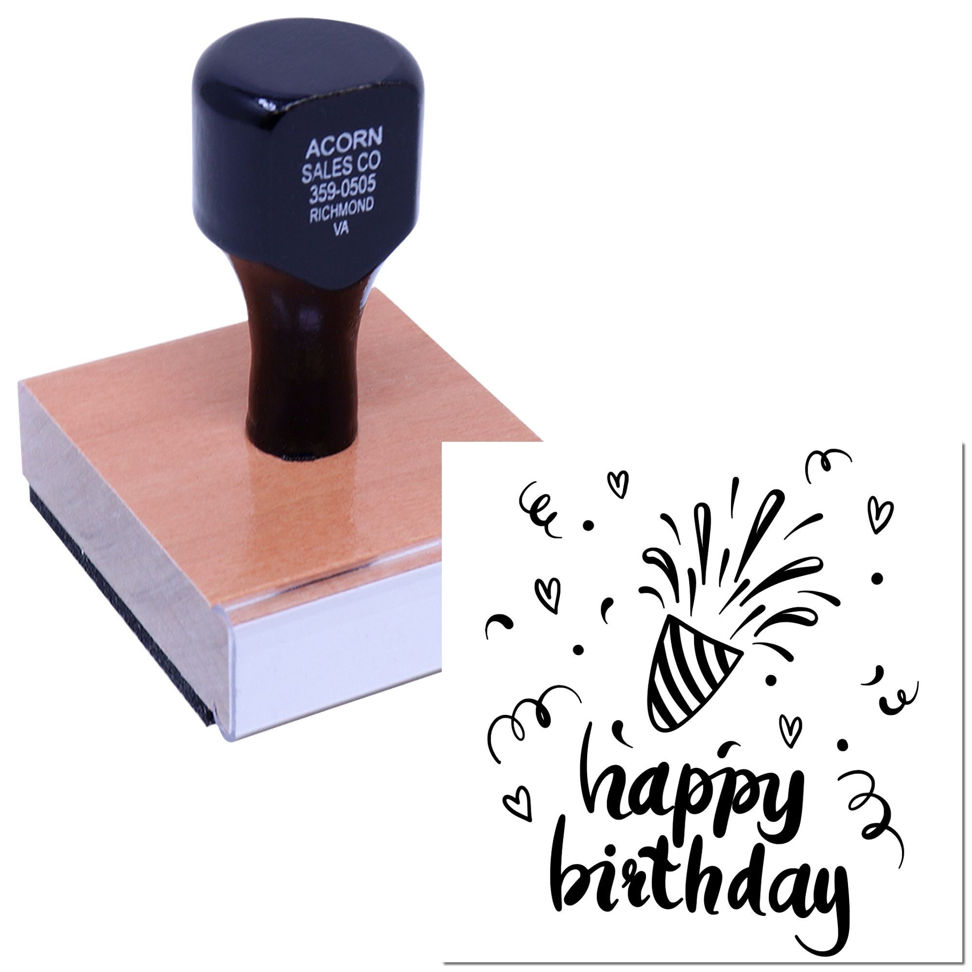 Custom happy birthday rubber stamp with party popper design for personalized greeting cards and birthday invitations.