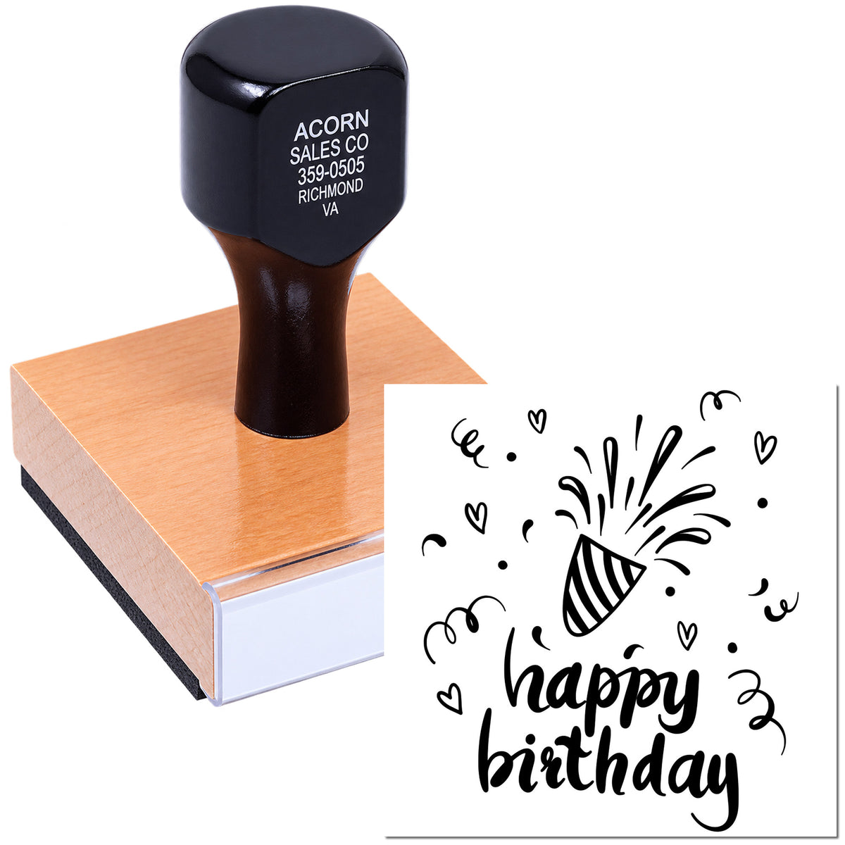 Custom happy birthday rubber stamp with party popper design for personalized greeting cards and birthday invitations.