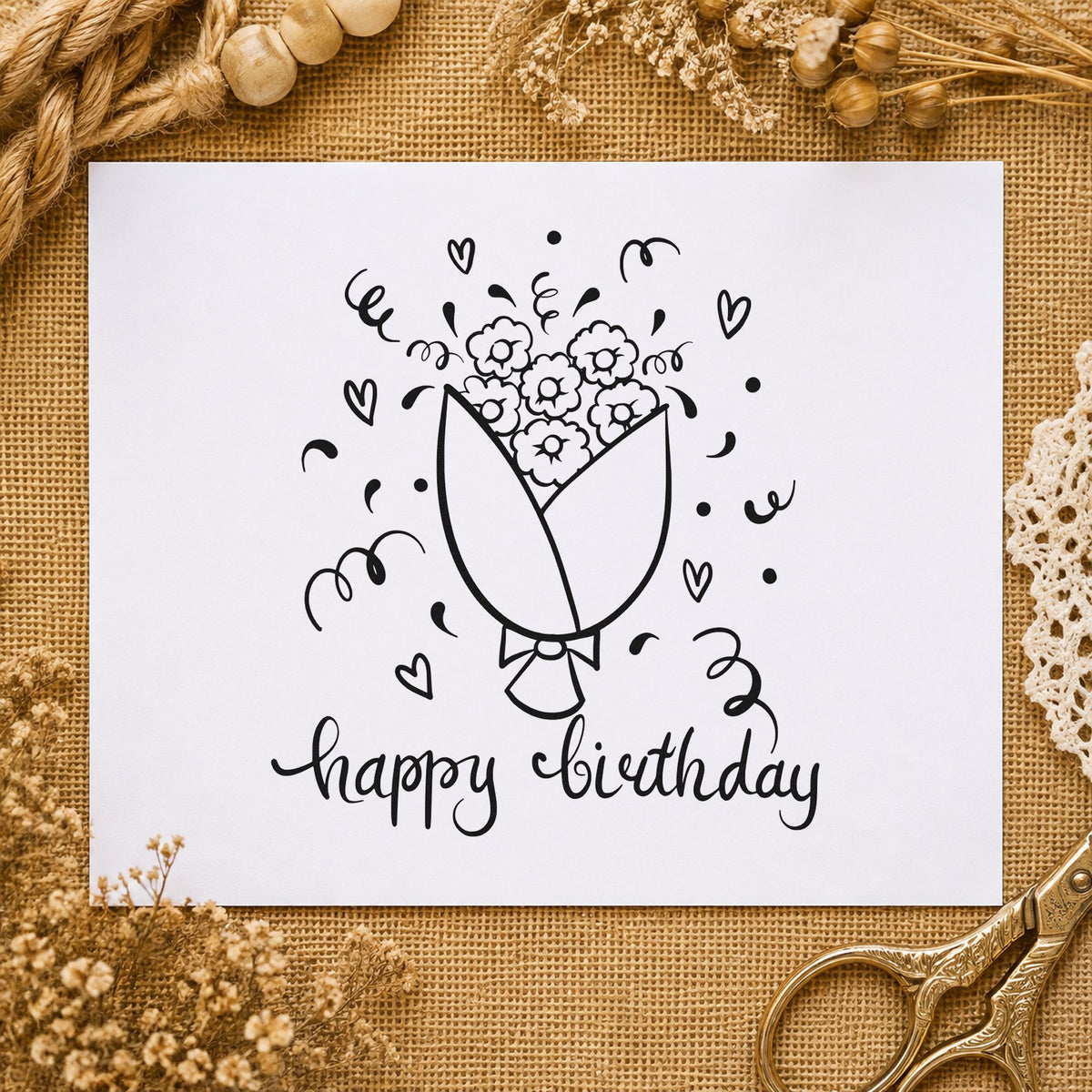 Birthday Flower Bouquet Hearts craft stamp imprint in black ink on a handmade project, one idea being blend tin gift tags.