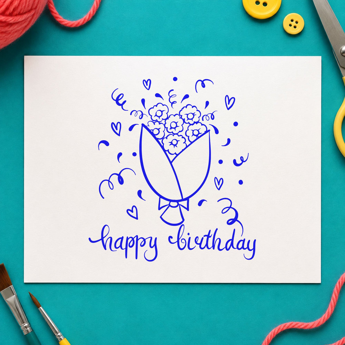 Birthday Flower Bouquet Hearts craft stamp in blue ink on cardstock, an easy option for table cloth printing.