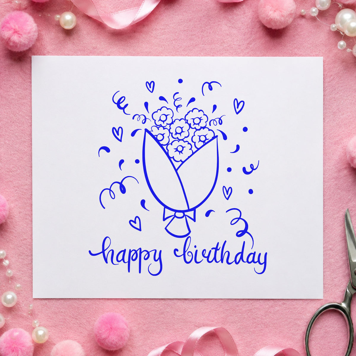 Birthday Flower Bouquet Hearts craft stamp imprinted in blue ink on paper, a design suited to framed sitting room.