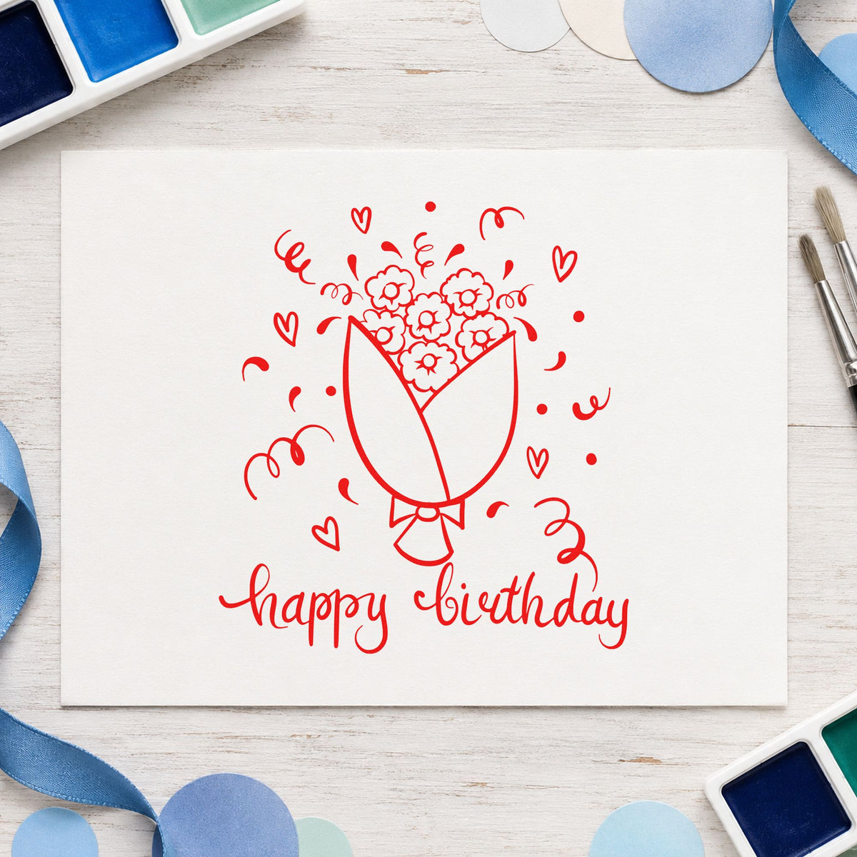 Birthday Flower Bouquet Hearts rubber stamp shown in red ink, stamped for projects such as shelf china labels.