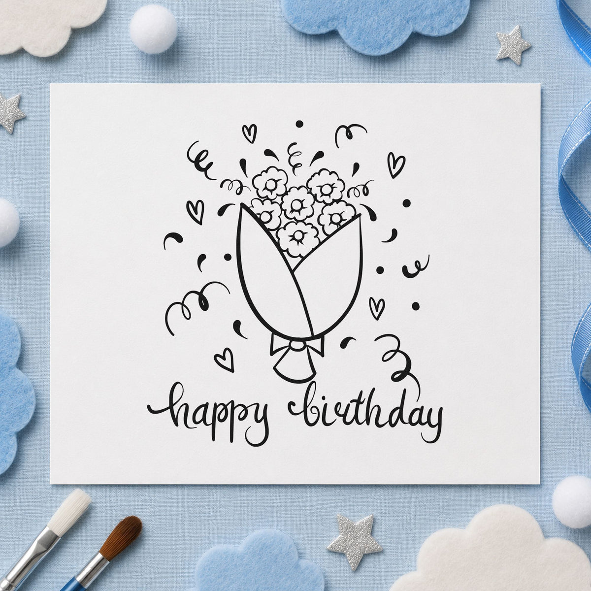 Birthday Flower Bouquet Hearts rubber stamp printed in black ink, ready for wrapped bouquet cards and similar paper crafts.