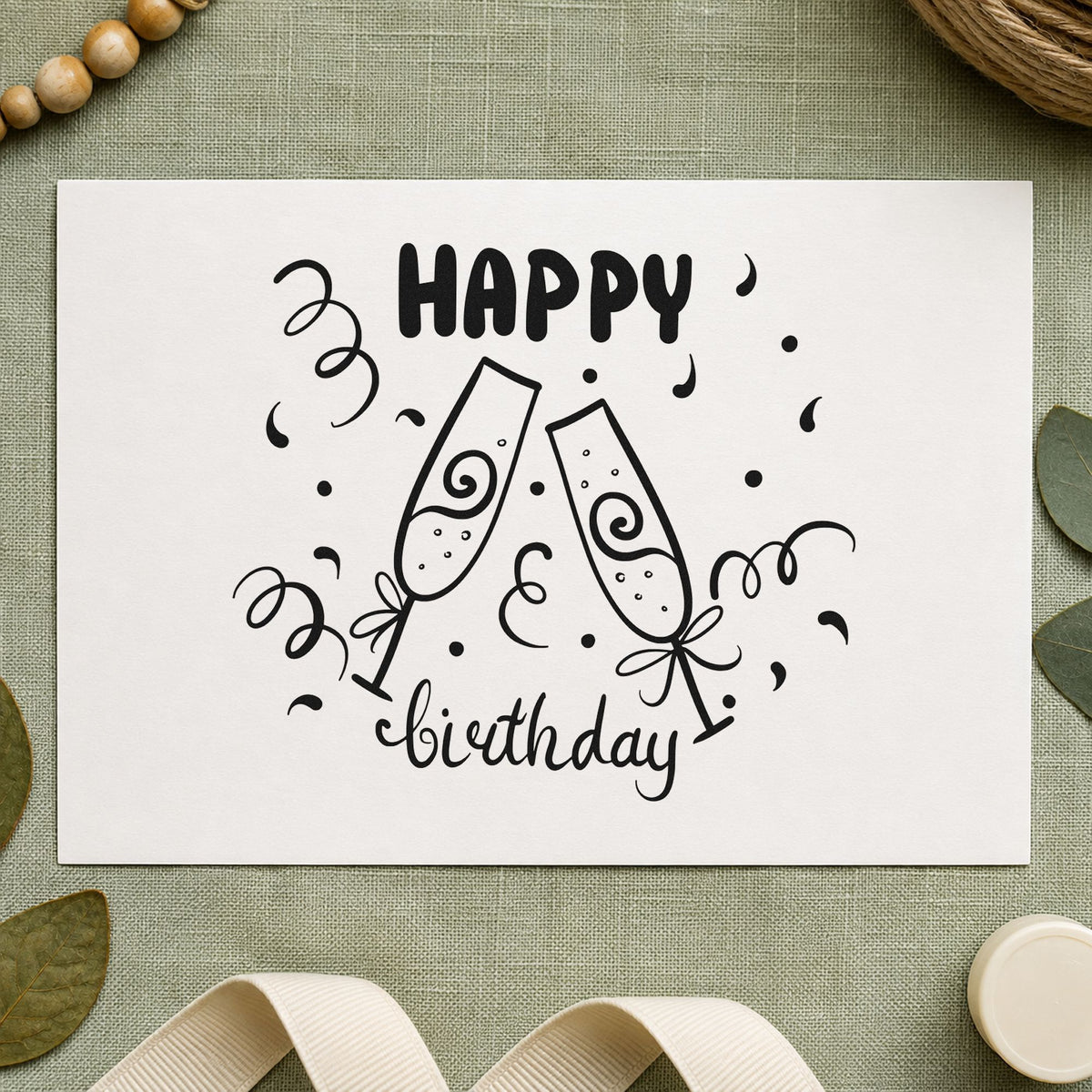 Birthday Toast Champagne Flutes craft stamp in black ink on cardstock, an easy option for twenty first album page.