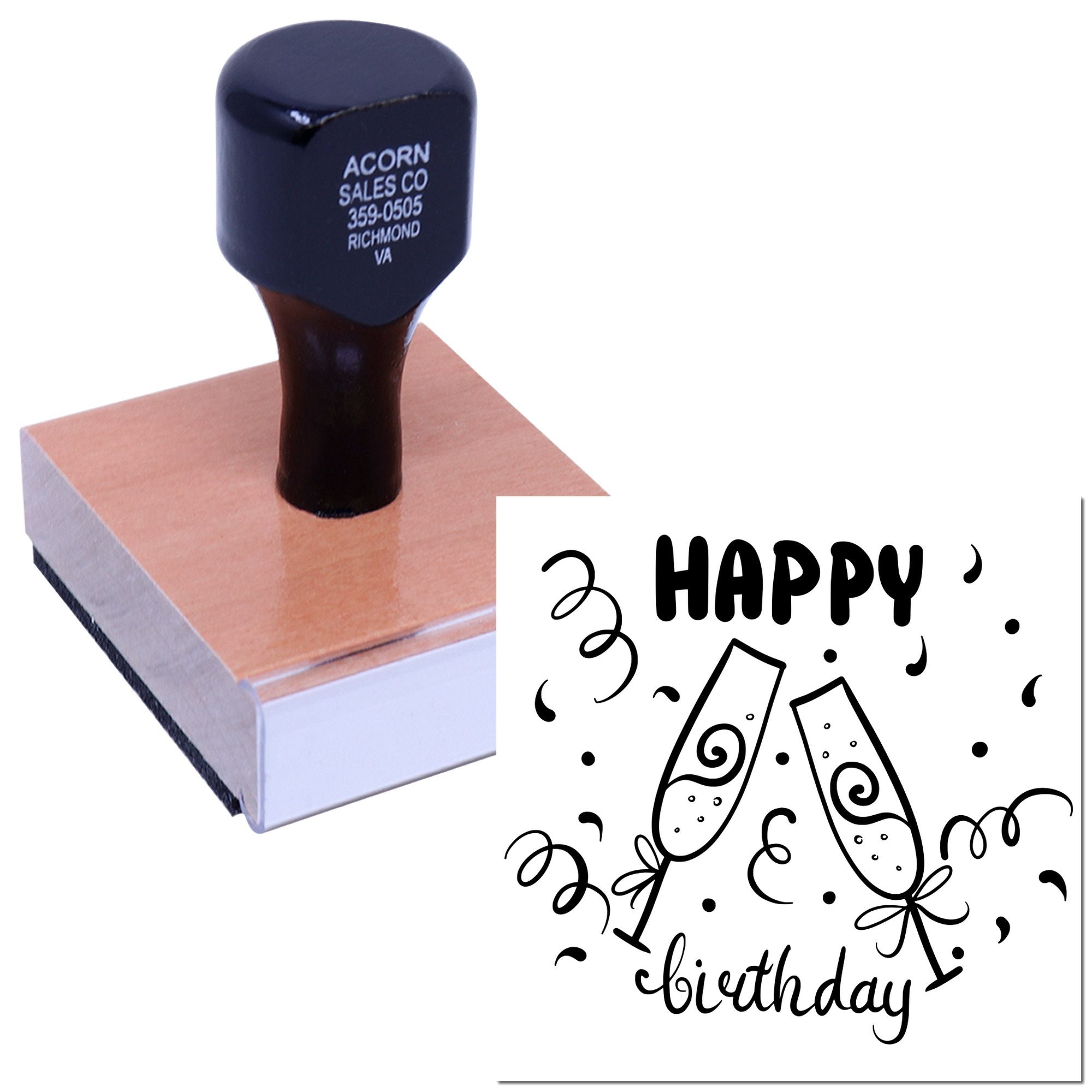 Custom Happy Birthday rubber stamp with confetti design for handmade cards, party invitations, and scrapbooking.