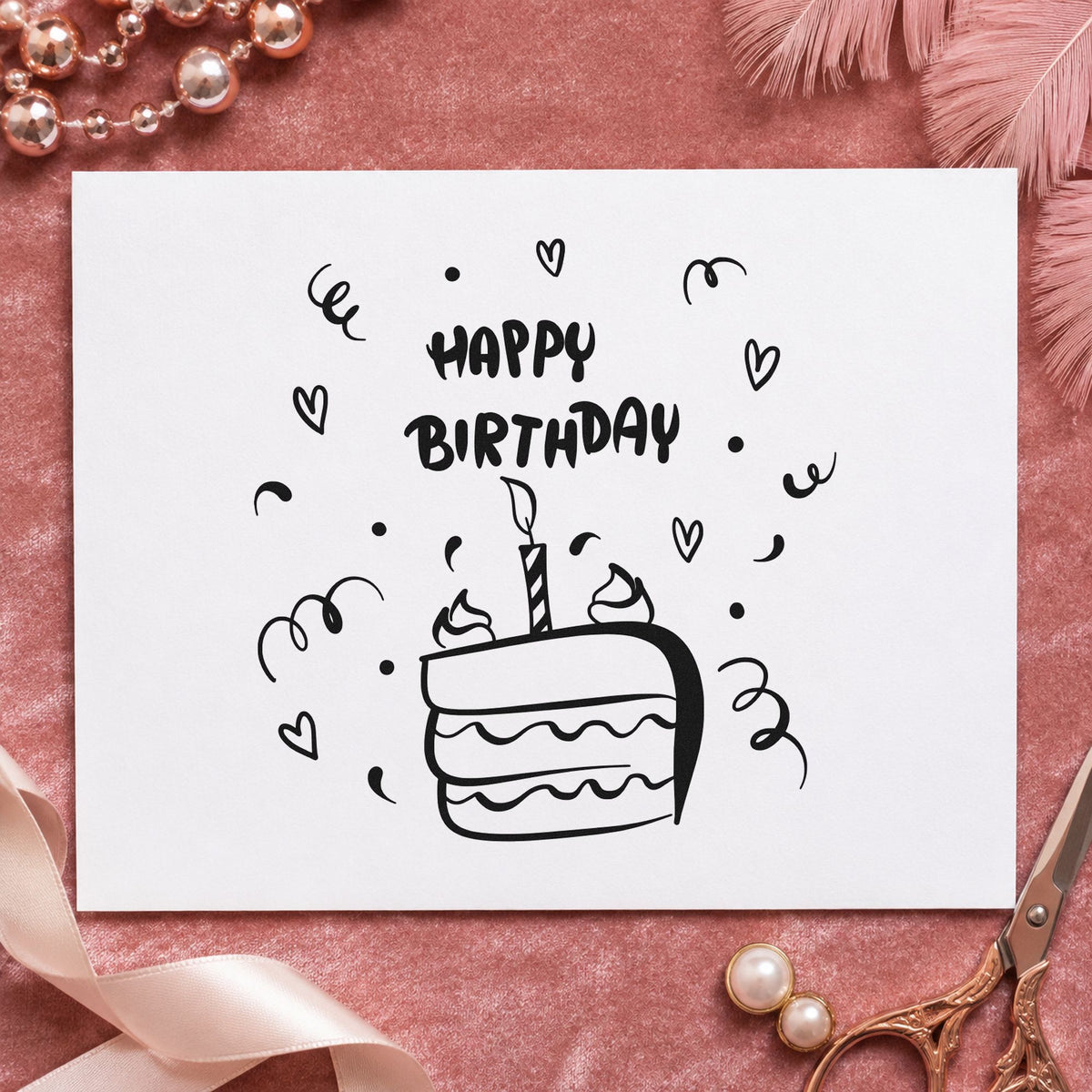 Birthday Candle Cake Slice craft stamp in black ink on cardstock, an easy option for restaurant album page.
