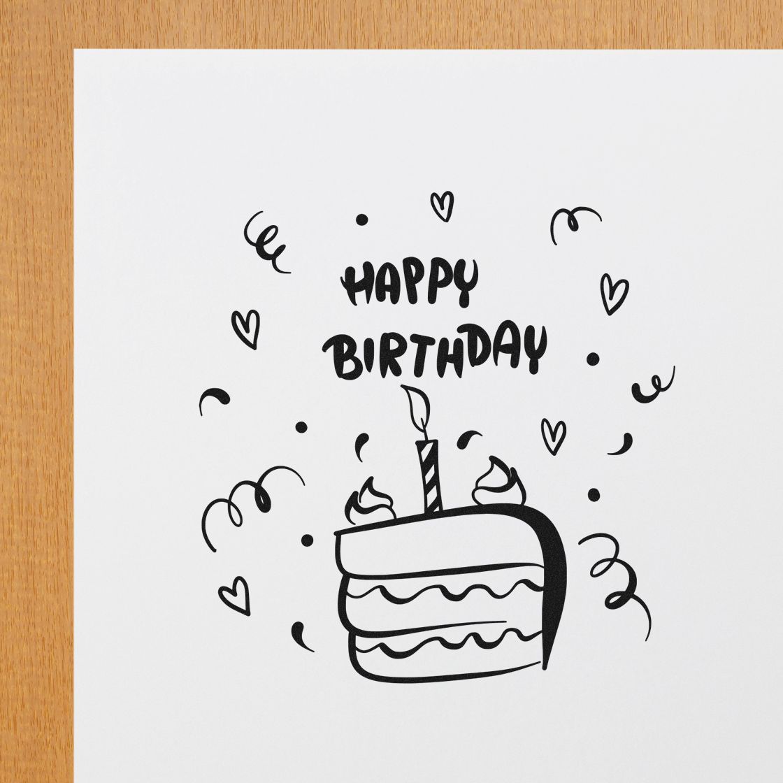 Happy Birthday rubber stamp design with cake, candle, hearts and confetti for greeting cards, scrapbooking and party crafts.