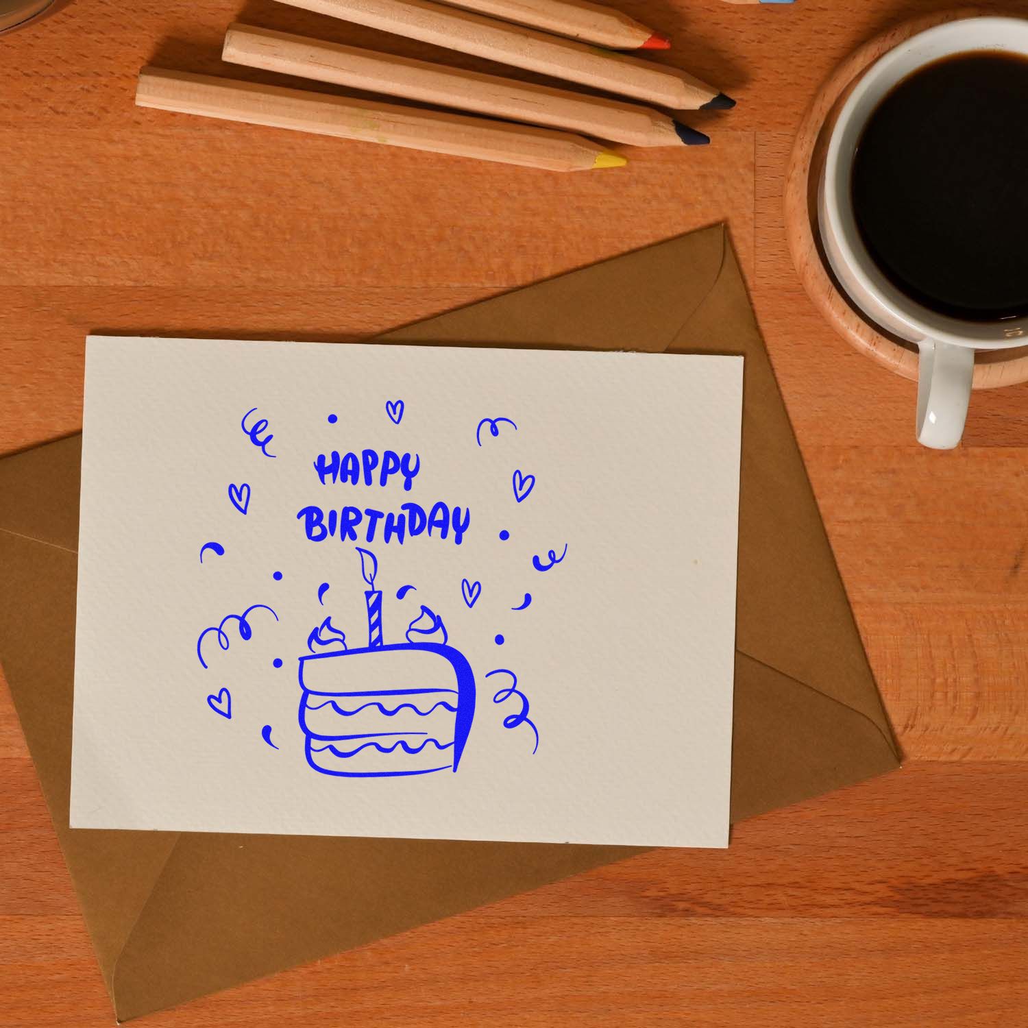 Happy Birthday rubber stamp design on a greeting card with cake and hearts, ideal for handmade birthday cards.
