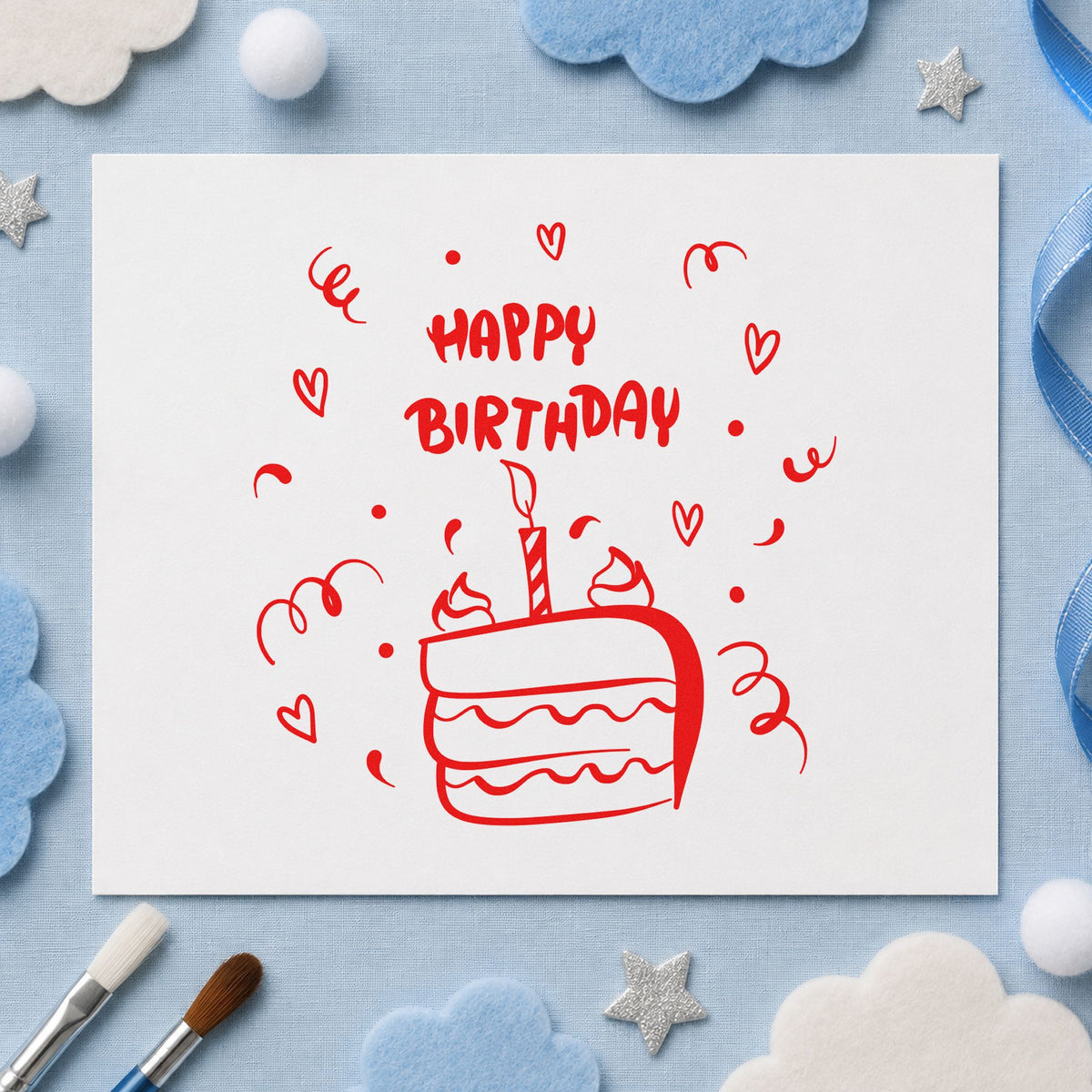 Birthday Candle Cake Slice rubber stamp shown in red ink, stamped for projects such as bin candle labels.