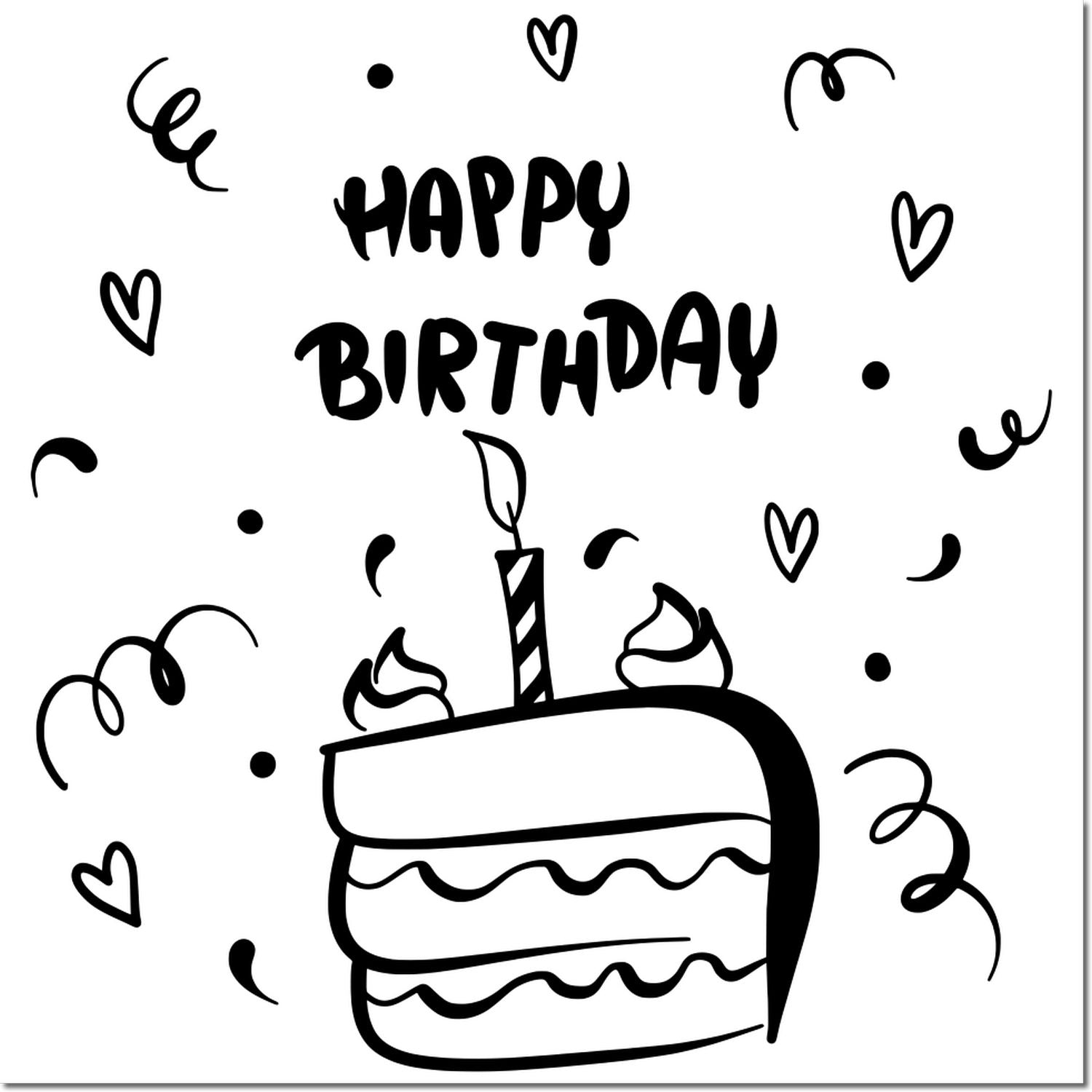 Happy Birthday rubber stamp design with cake, candle, hearts, and confetti in black hand-drawn line art.