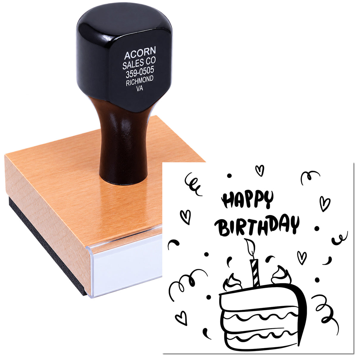 Custom Happy Birthday rubber stamp with cake and confetti design for greeting cards, invitations, and party crafts.