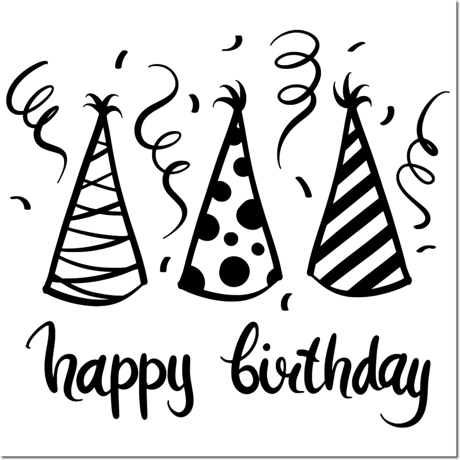Happy birthday rubber stamp design with party hats, confetti, and festive celebration lettering.