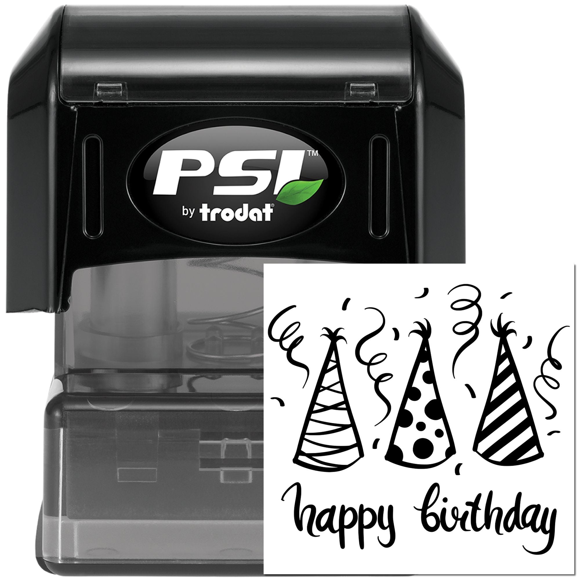 Happy birthday party hat rubber stamp by PSI by Trodat, self-inking stamp for birthday cards and party invitations