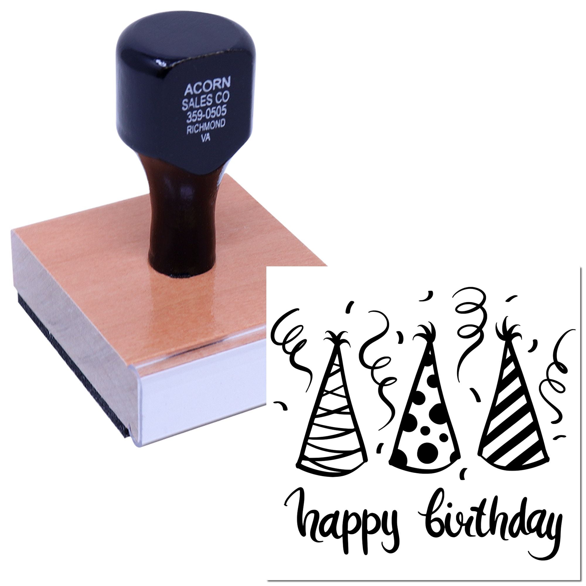 Happy birthday rubber stamp with party hats, ideal for custom card making, invitations, and celebration crafts.