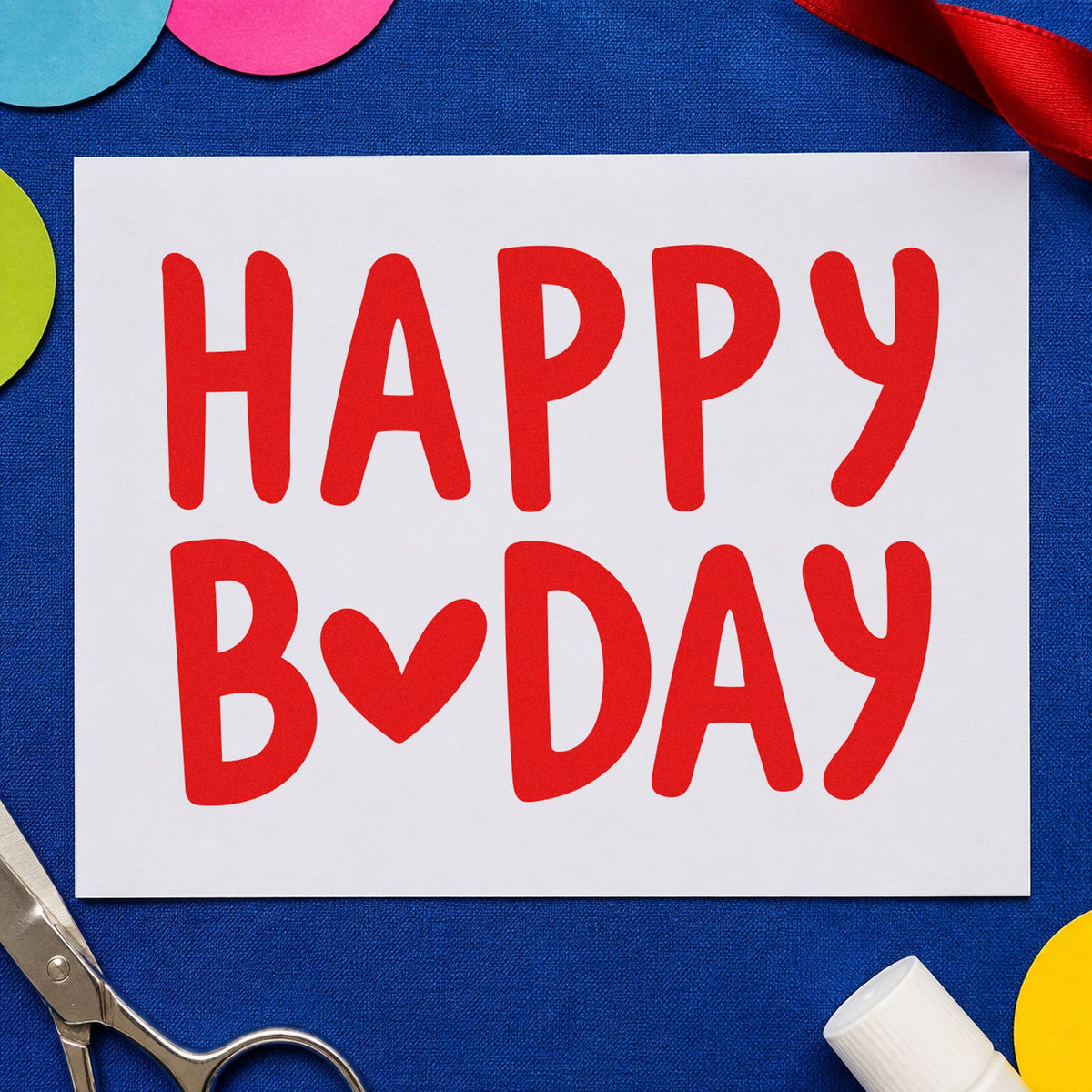 Happy Birthday Heart Letter rubber stamp shown in red ink, stamped for projects such as box year labels.