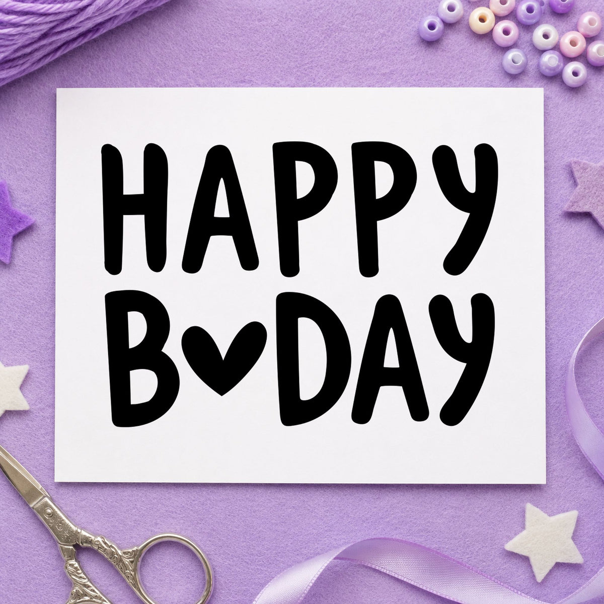 Happy Birthday Heart Letter rubber stamp printed in black ink, ready for heart letter cards and similar paper crafts.