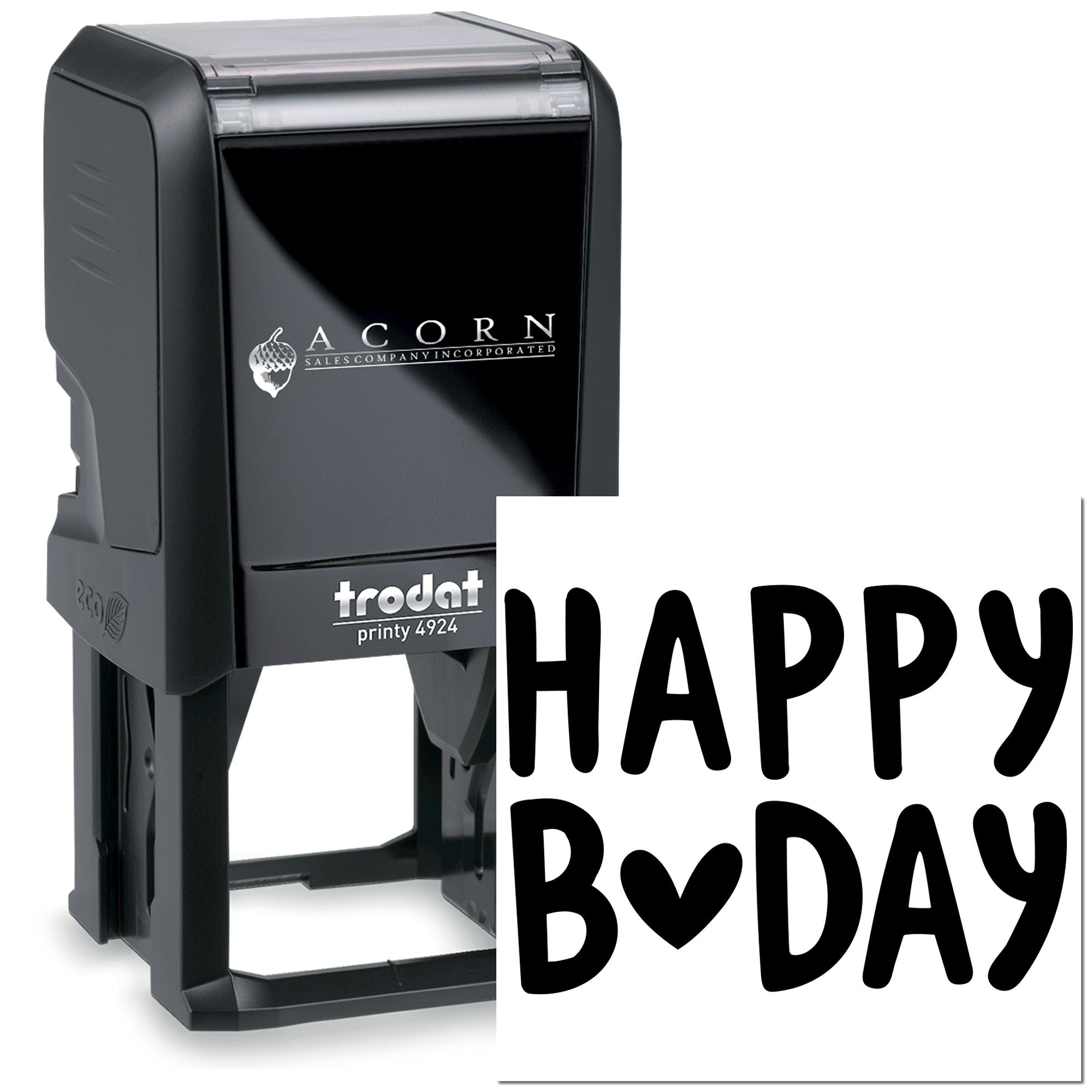 Custom self-inking rubber stamp for birthday cards, featuring bold Happy Bday imprint and Trodat Printy design.