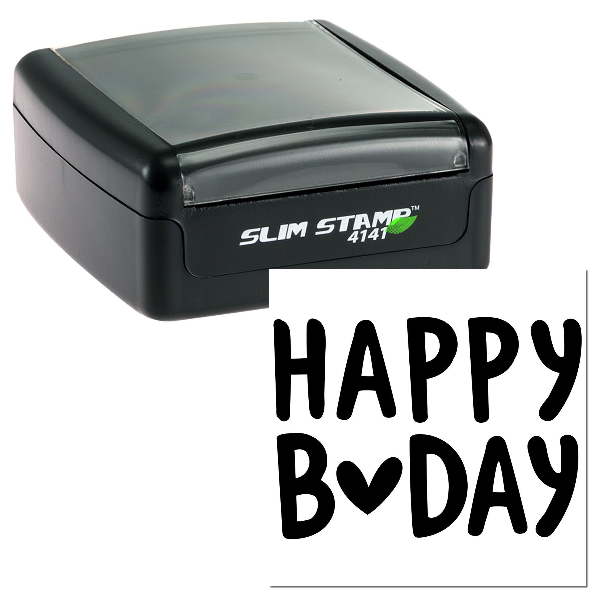 Self-inking rubber stamp with Happy Bday design for birthday cards, crafts, and personalized stationery.