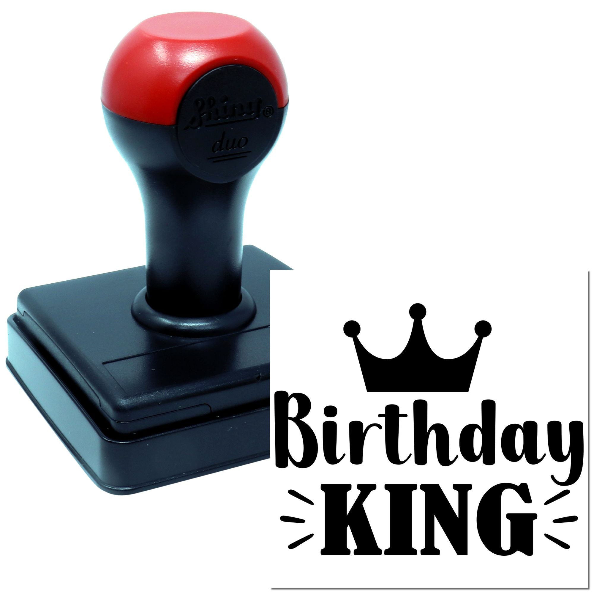 Birthday King self-inking rubber stamp with crown design for custom birthday cards and gifts.