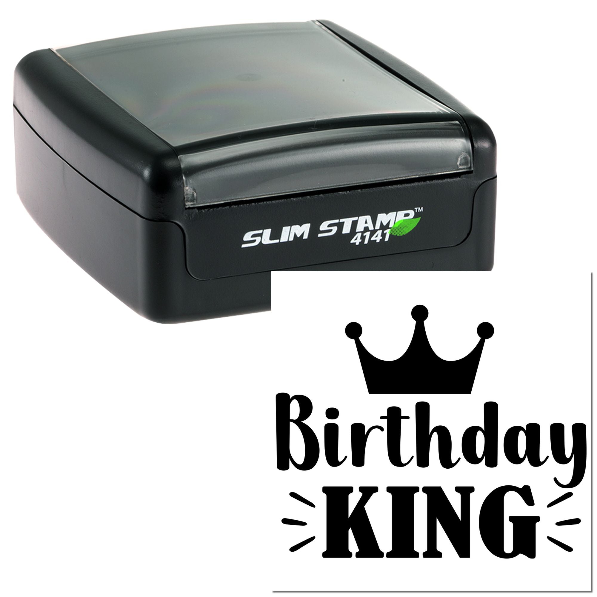 Slim self-inking Birthday KING rubber stamp with crown design for personalized cards, gifts, and party packaging