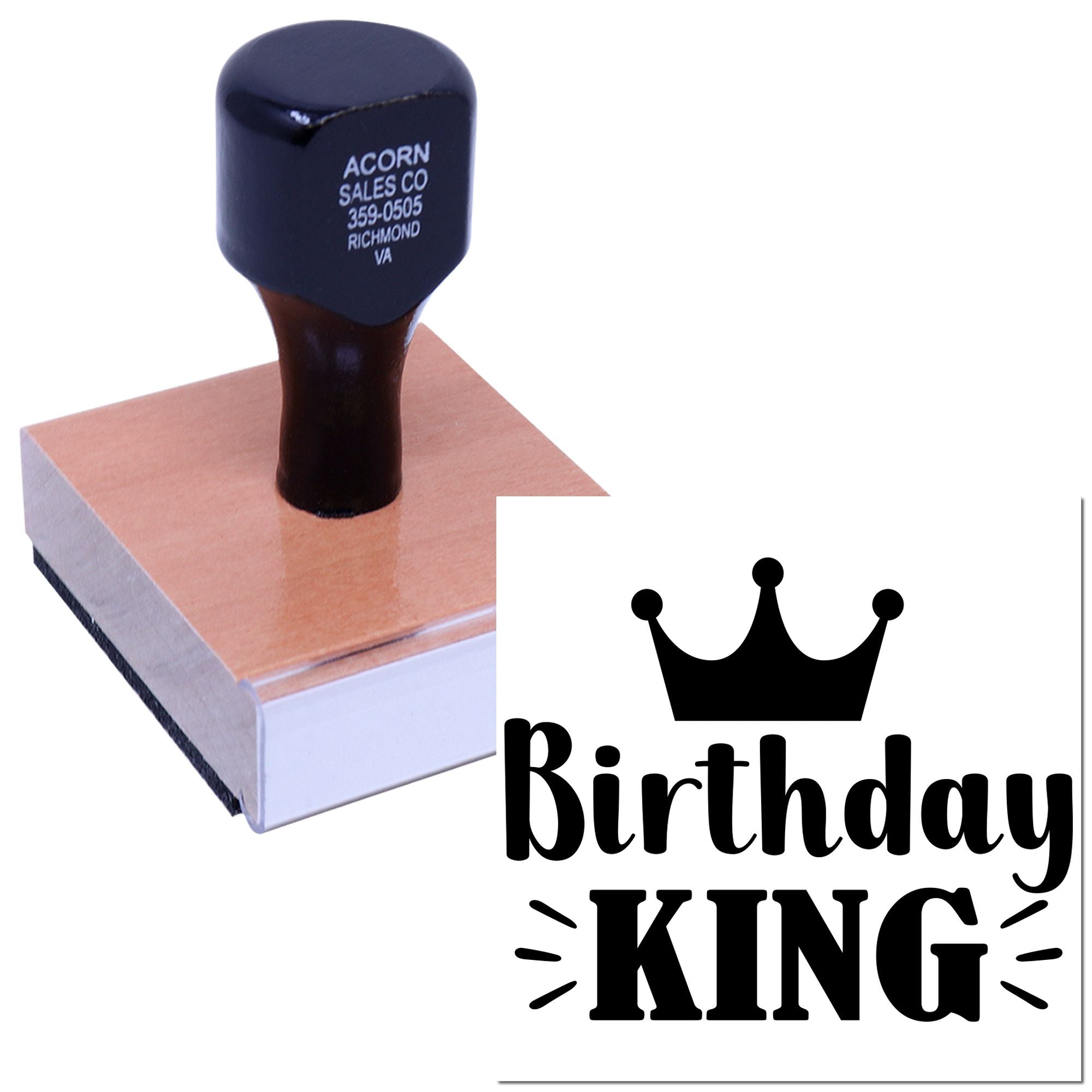 Custom rubber stamp with Birthday King crown logo for personalized birthday cards, invitations, and party packaging.