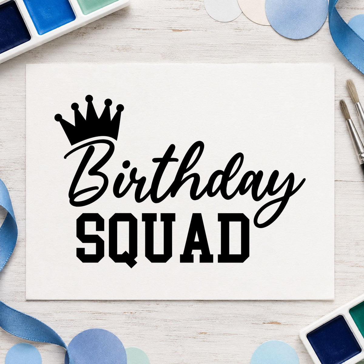 Birthday Squad Crown Script craft stamp imprint in black ink on a handmade project, one idea being welcome bag gift tags.