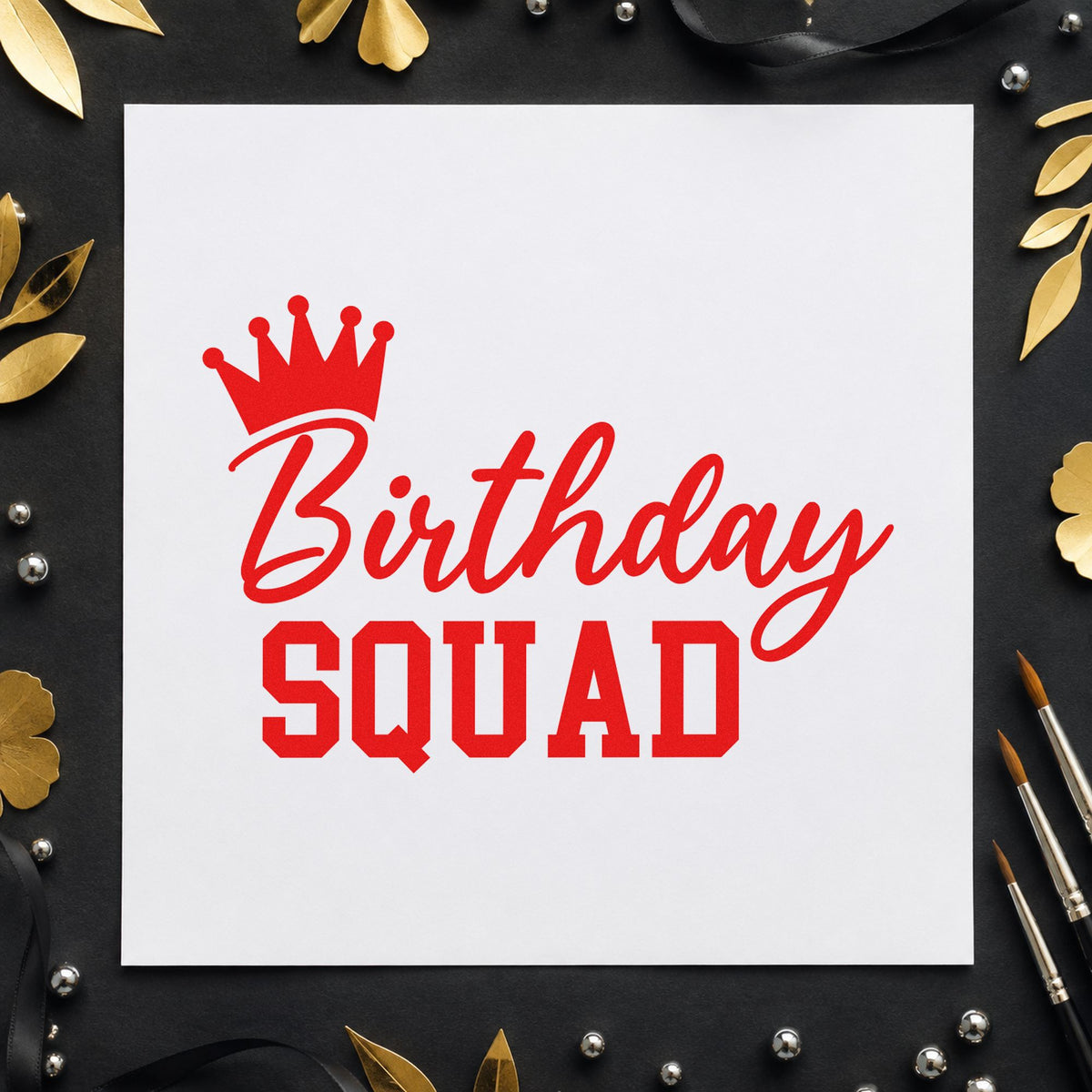 Birthday Squad Crown Script craft stamp imprint in red ink on a handmade project, one idea being memory slip cards.