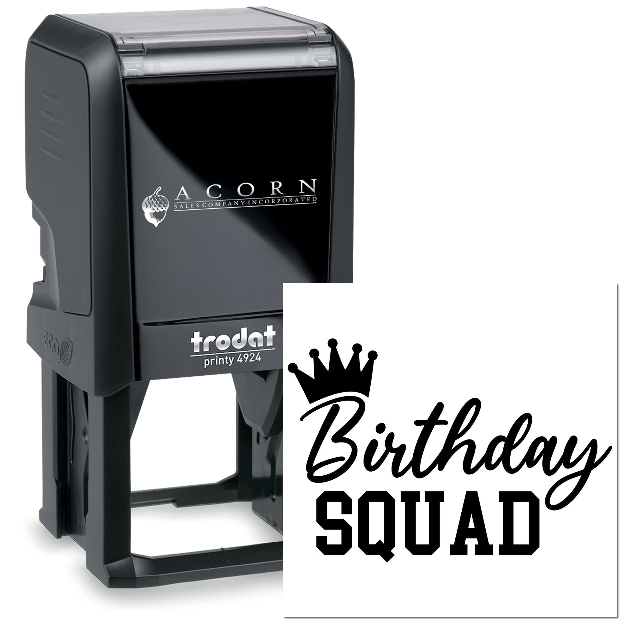 Birthday Squad custom rubber stamp, self-inking Trodat Printy 4924 for personalized party favors, cards, and packaging.