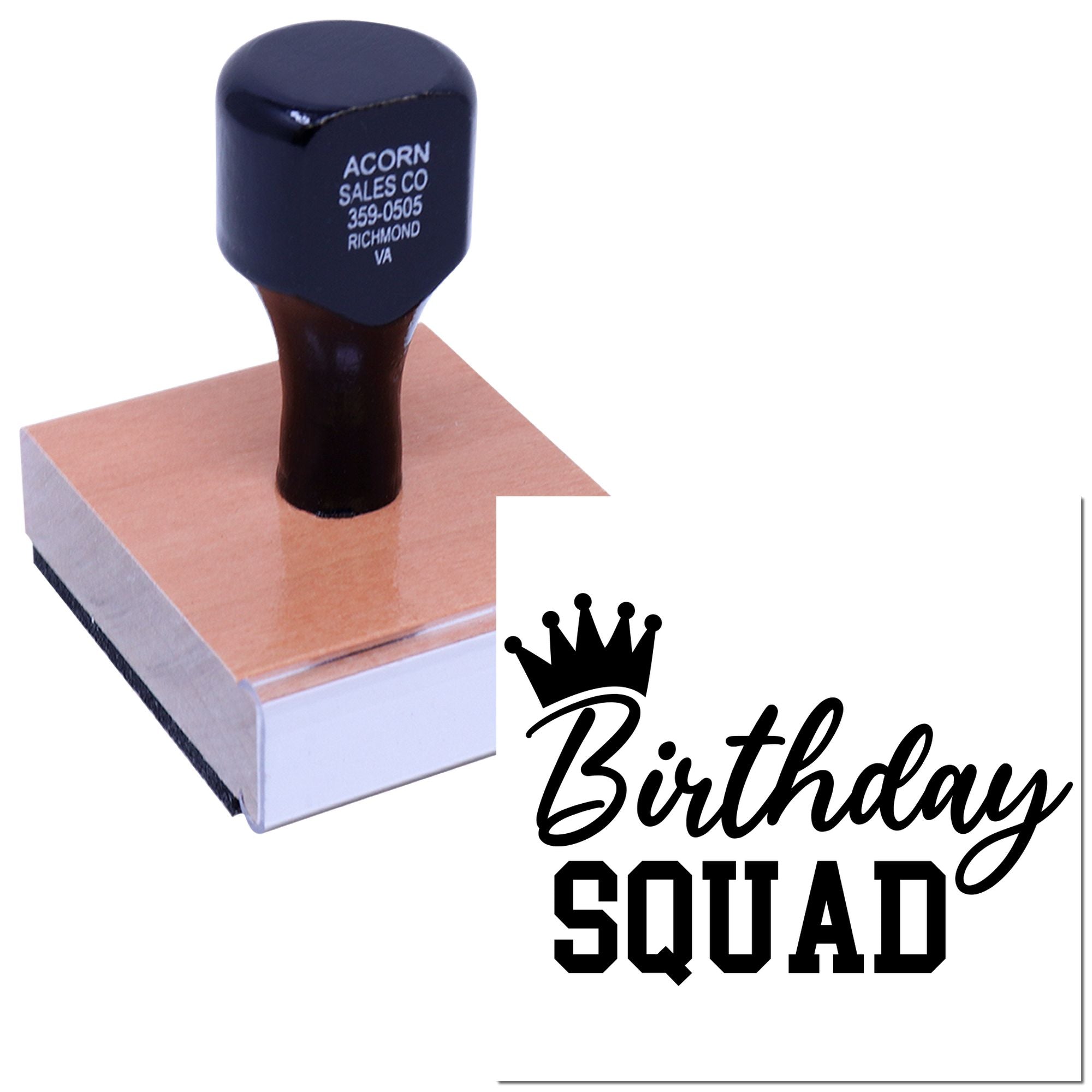 Custom Birthday Squad rubber stamp with wood mount for party favors, cards, and DIY celebration crafts.
