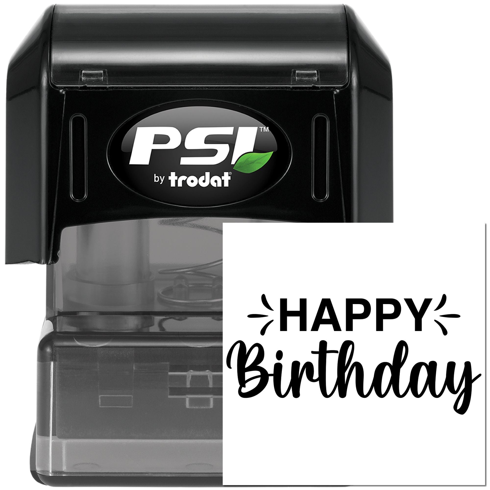 PSI by Trodat self-inking rubber stamp with Happy Birthday design for custom cards, crafts, and birthday packaging.