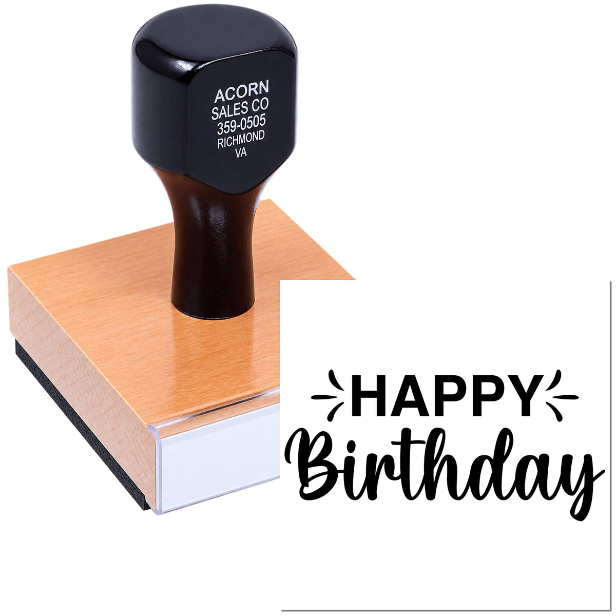 Custom self-inking rubber stamp with Happy Birthday design for cards, gifts, and party stationery