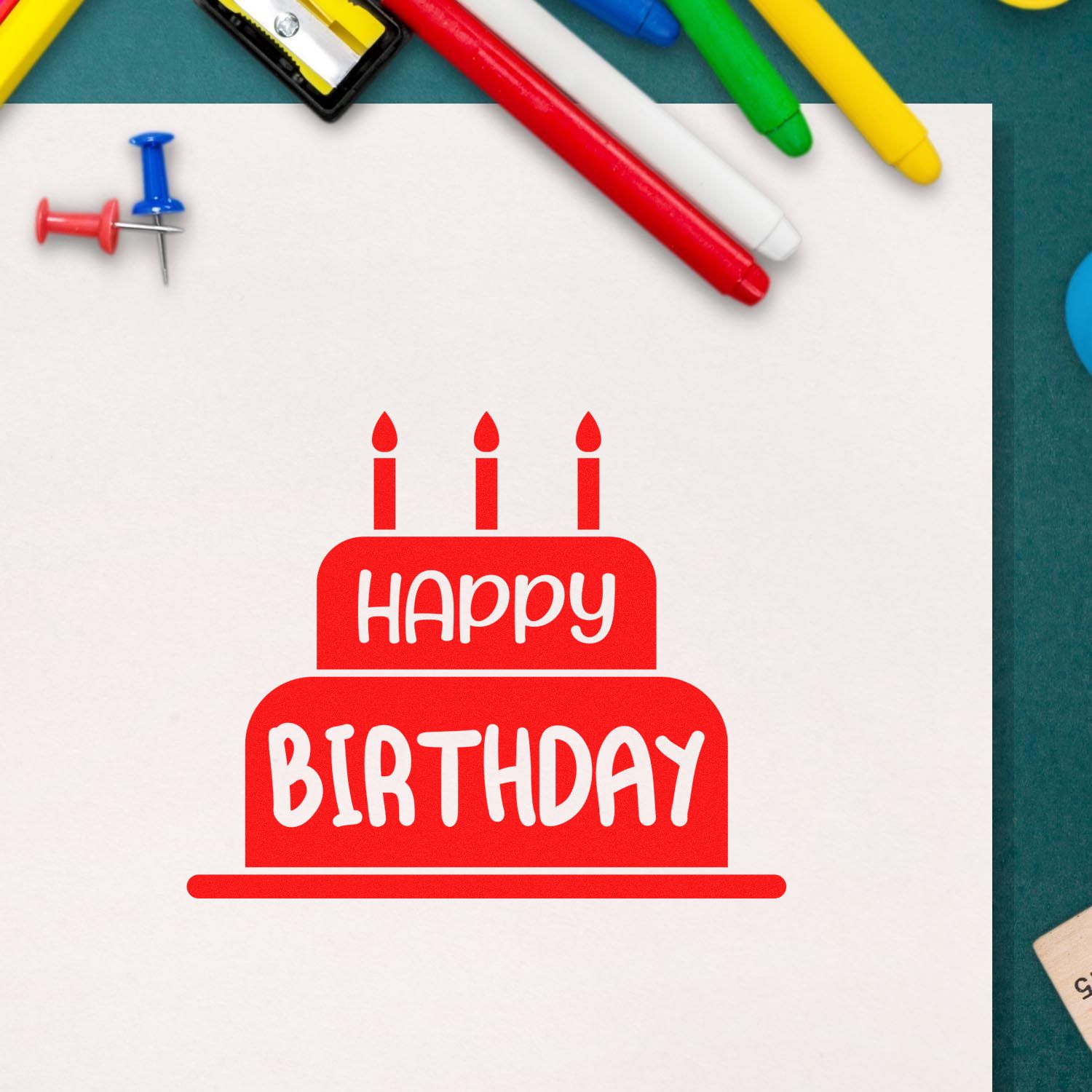 Happy birthday rubber stamp design with cake icon, perfect for birthday cards, scrapbooking, and stationery.