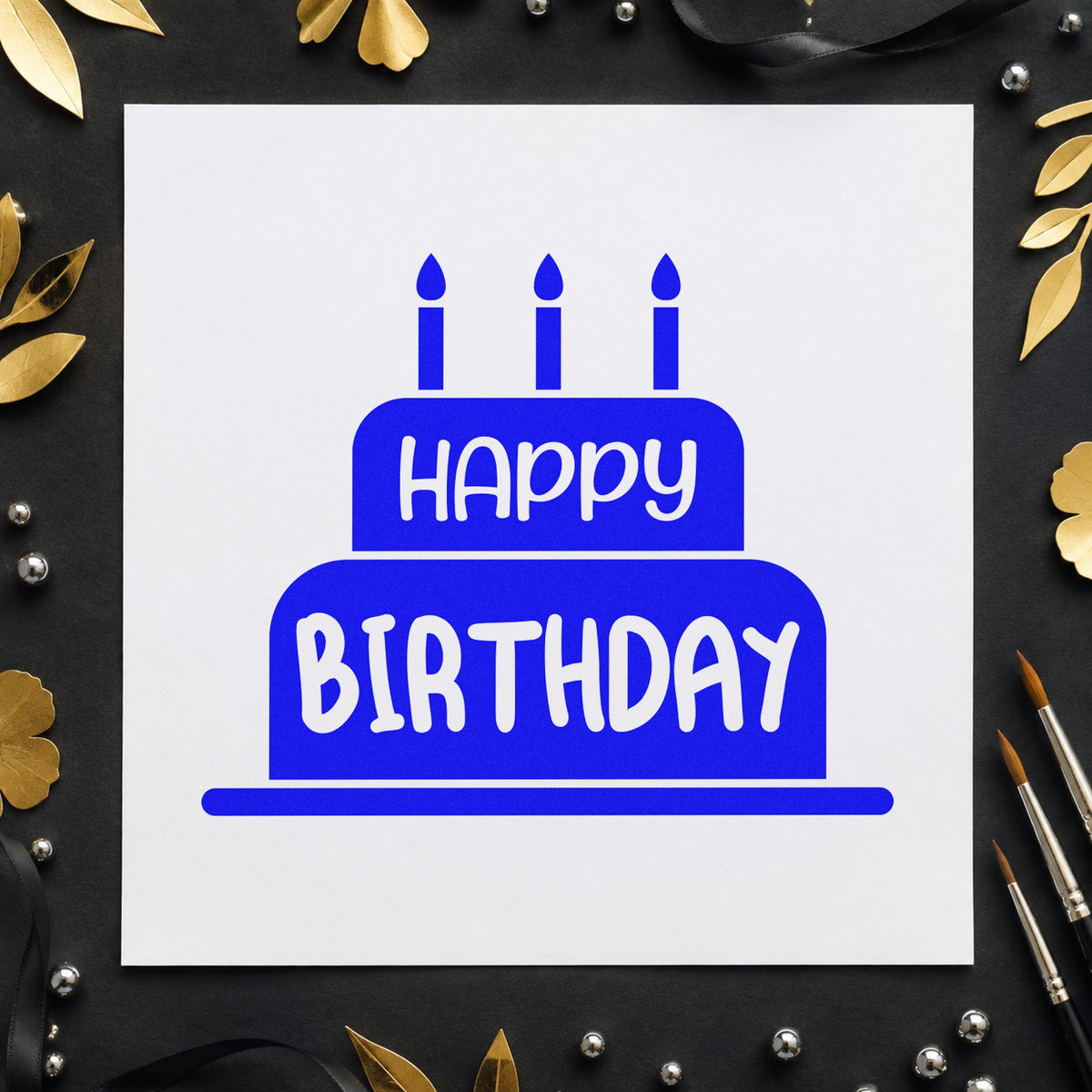 Happy Birthday Candle Cake craft stamp imprinted in blue ink on paper, a design suited to framed decorating room.