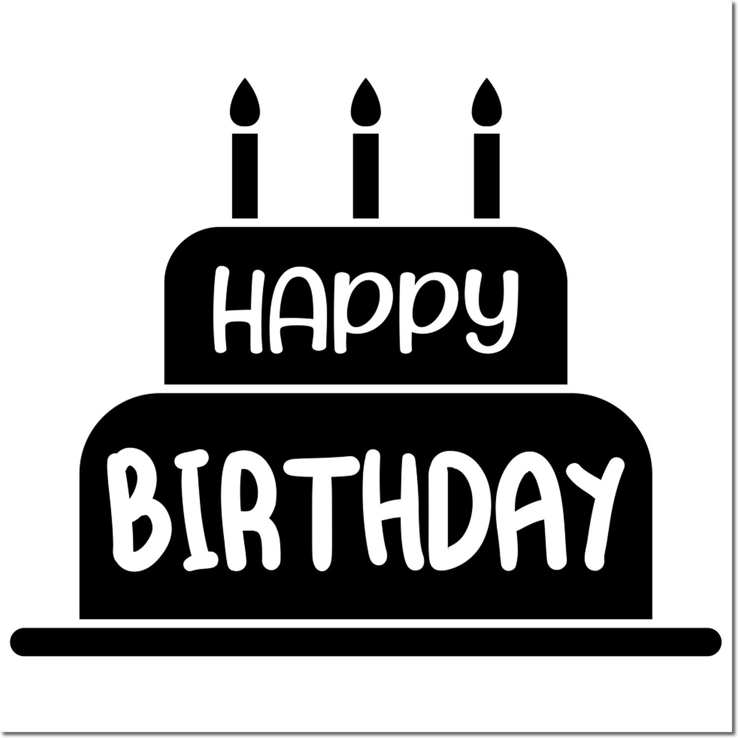 Happy Birthday rubber stamp design with cake and candles for birthday cards, invitations, and party crafts.