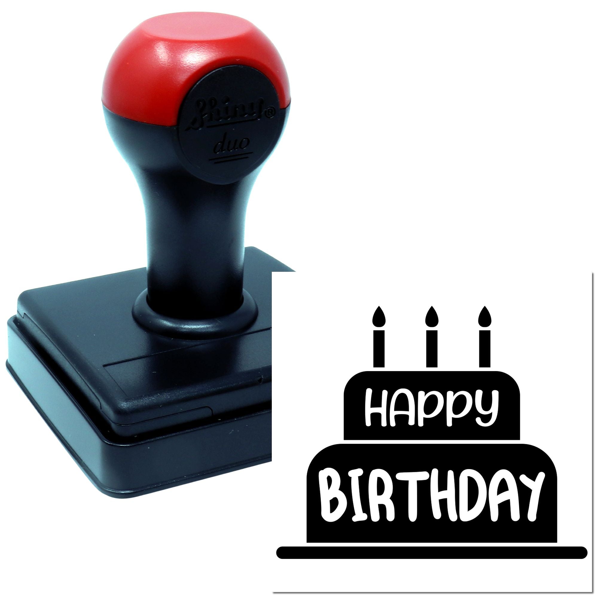 Happy Birthday self-inking rubber stamp with cake design, ideal for birthday cards, invitations, and party crafting.