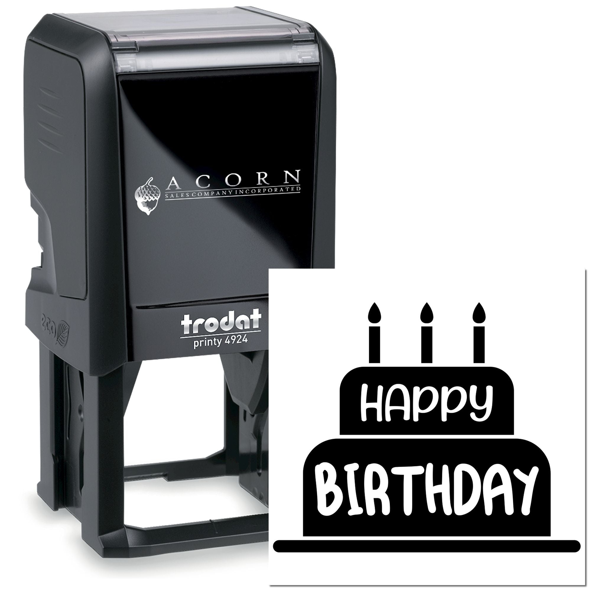 Trodat self-inking rubber stamp with Happy Birthday cake design for custom birthday cards, party favors, and packaging.