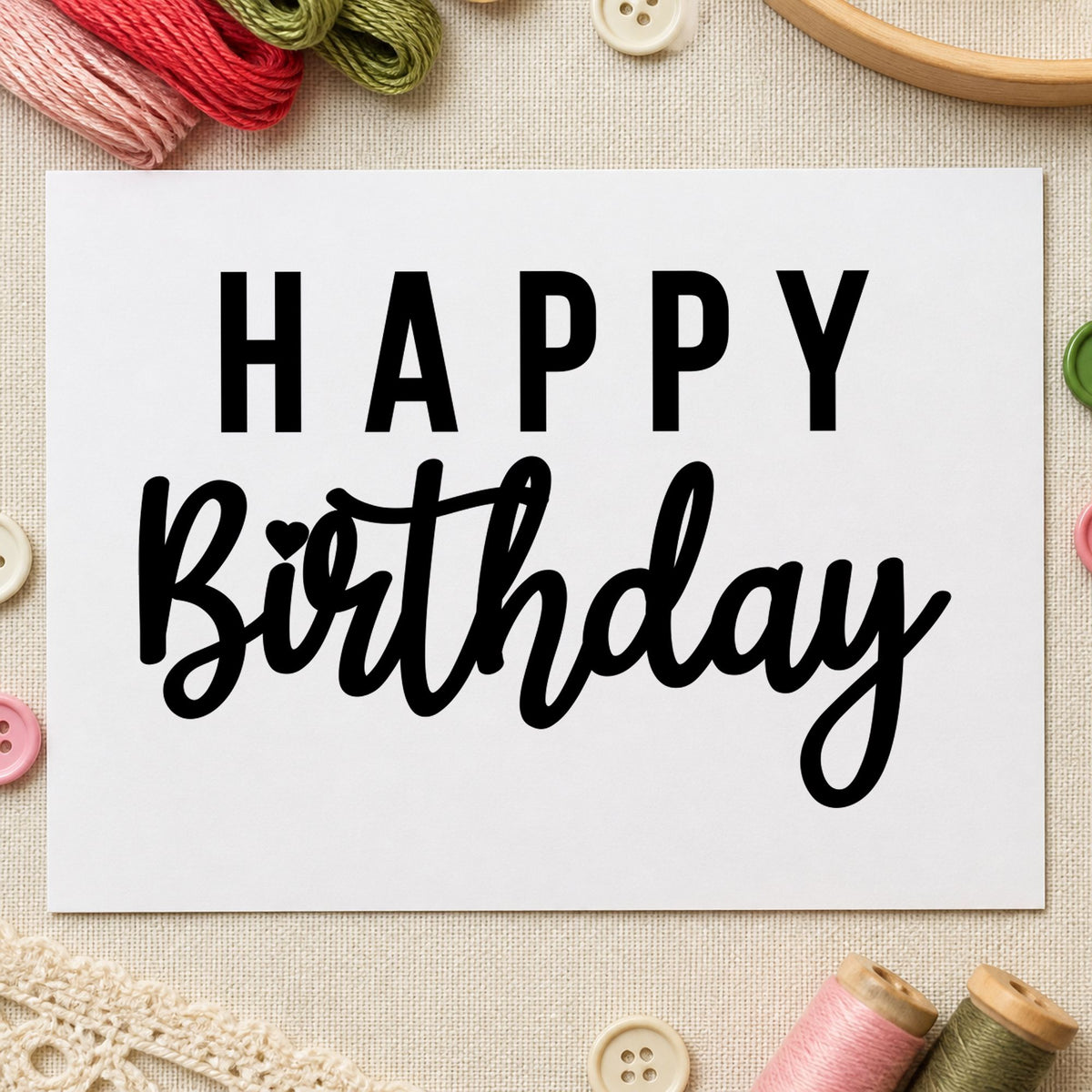 Happy Birthday Mixed Lettering craft stamp in black ink on cardstock, an easy option for planning album page.