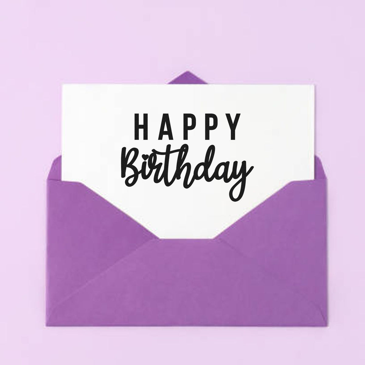 Happy Birthday Mixed Lettering Premium Wooden Stamp - Vintage Pro imprint stamped in black ink. HAPPY Birthday combines spaced narrow capitals with bold flowing script.