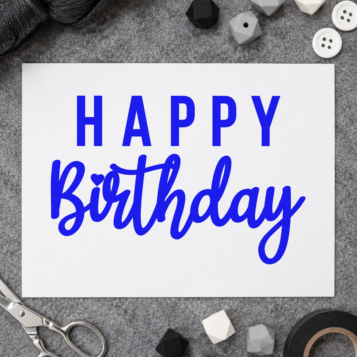 Happy Birthday Mixed Lettering craft stamp in blue ink on cardstock, an easy option for planner tote printing.