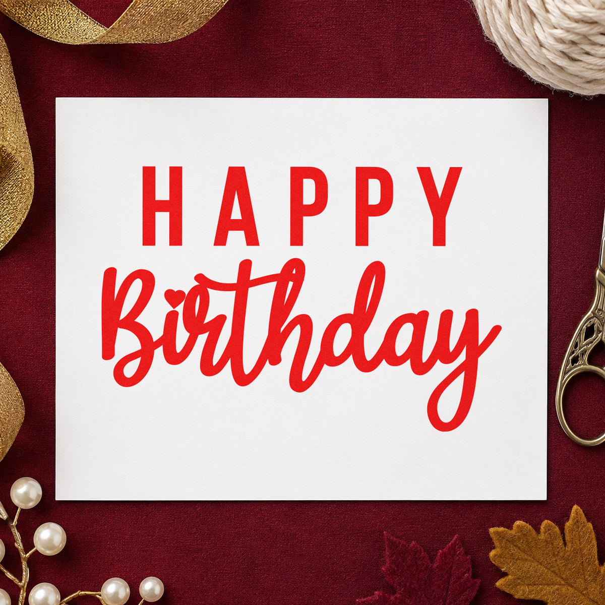Happy Birthday Mixed Lettering rubber stamp shown in red ink, stamped for projects such as bin sample labels.