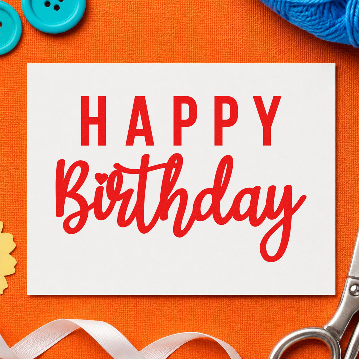 Happy Birthday Mixed Lettering craft stamp imprint in red ink on a handmade project, one idea being timeline draft cards.