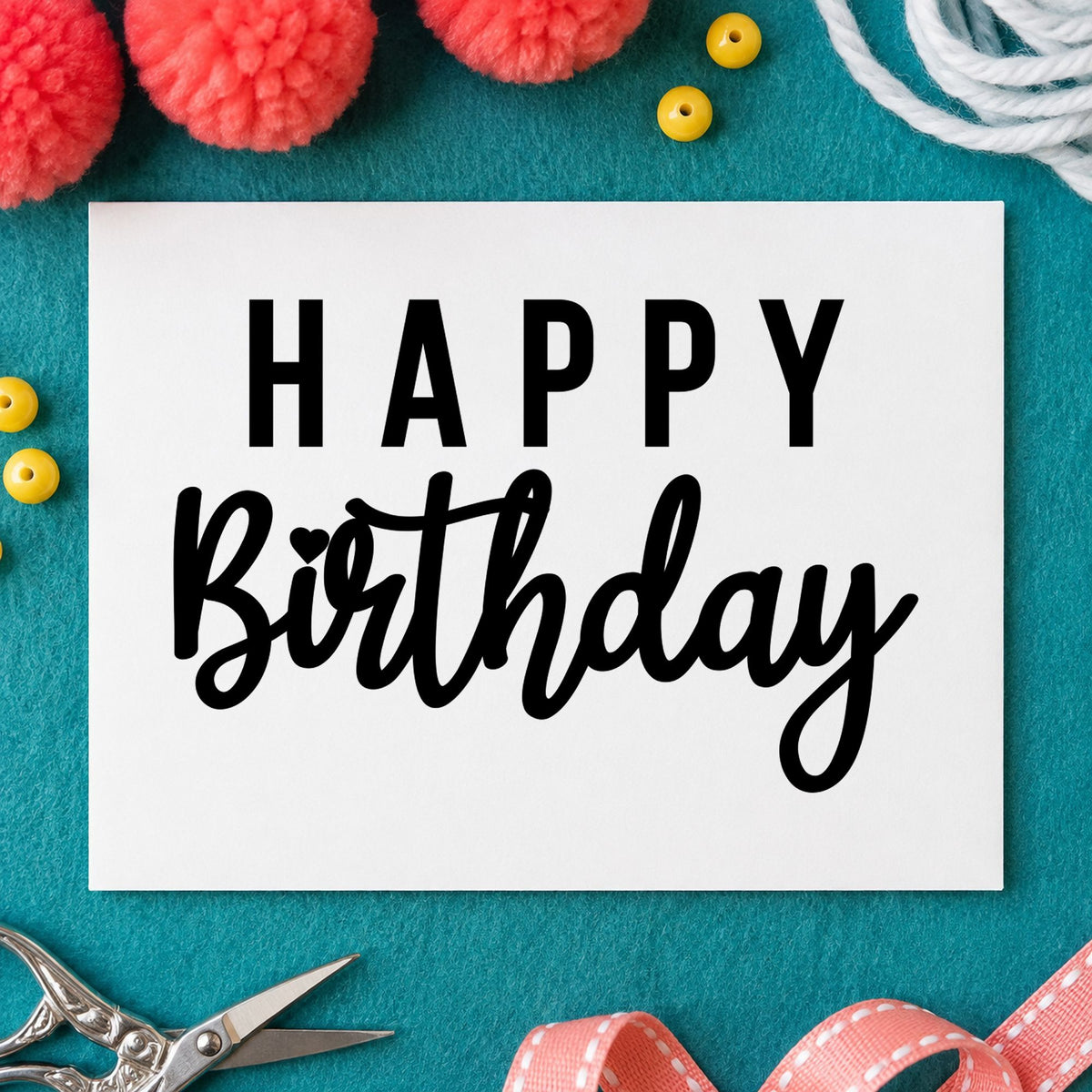 Happy Birthday Mixed Lettering rubber stamp printed in black ink, ready for spaced script cards and similar paper crafts.