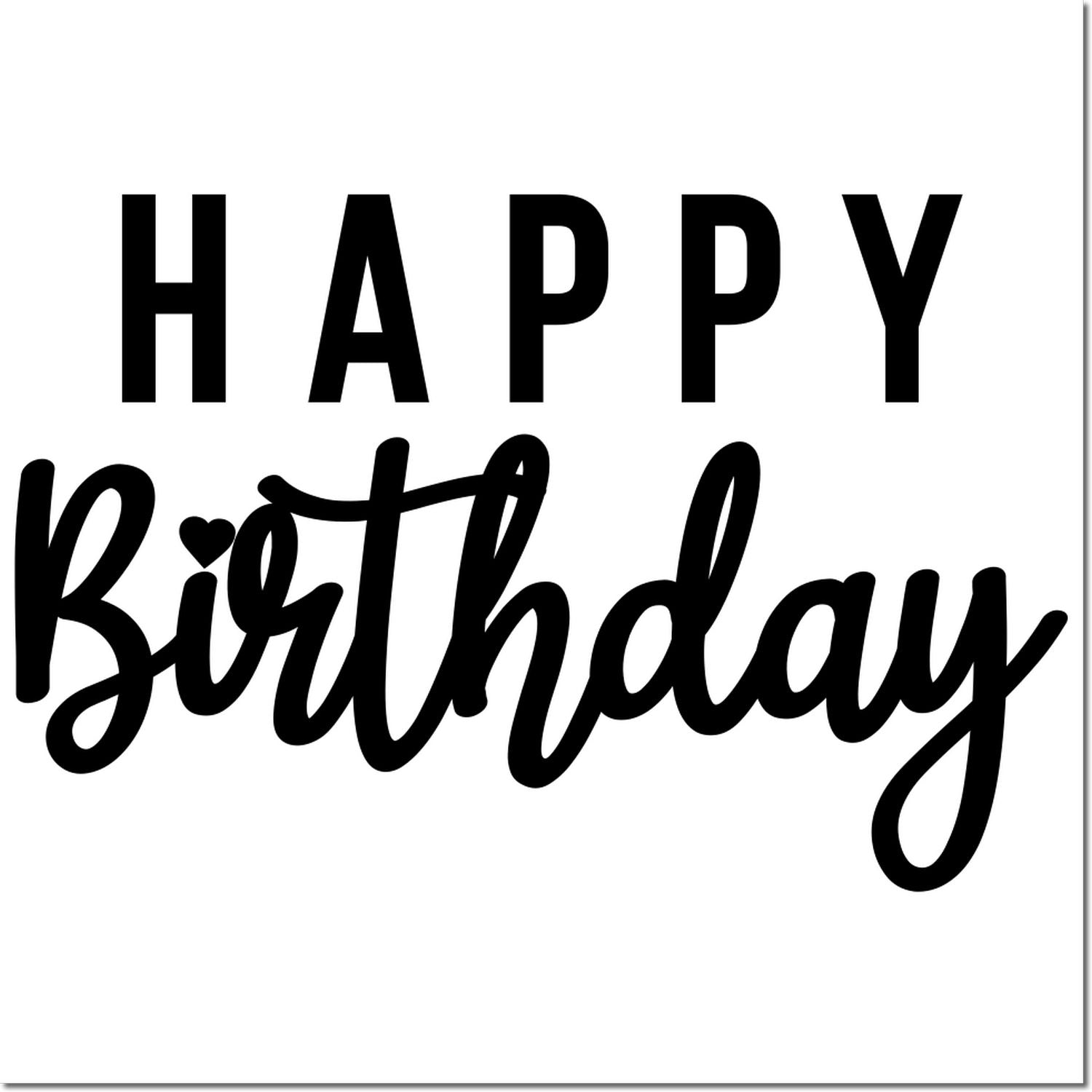 Happy Birthday rubber stamp design with bold black script text for birthday cards and crafts