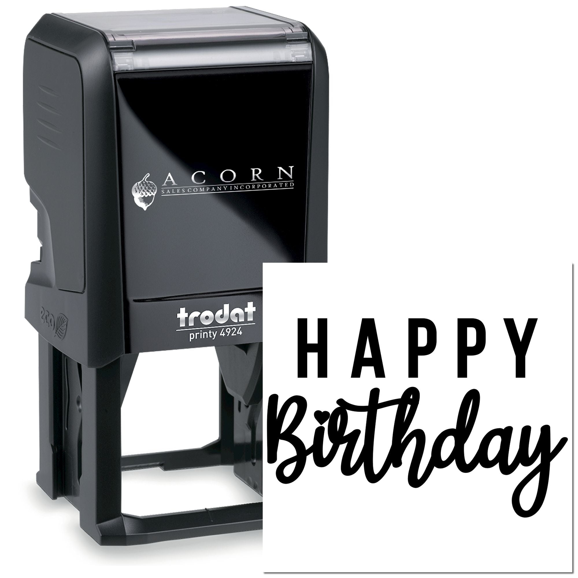 Trodat self-inking rubber stamp with Happy Birthday design, ideal for greeting cards, party favors, and birthday mailings.