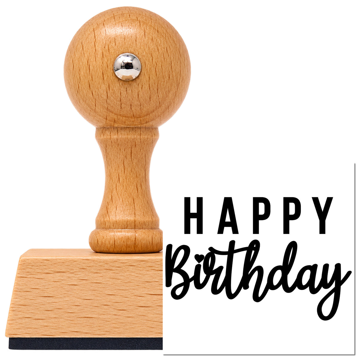 Happy Birthday Mixed Lettering Vintage Pro rubber stamp in European beech wood with a round knob handle, shown beside its black imprint.
