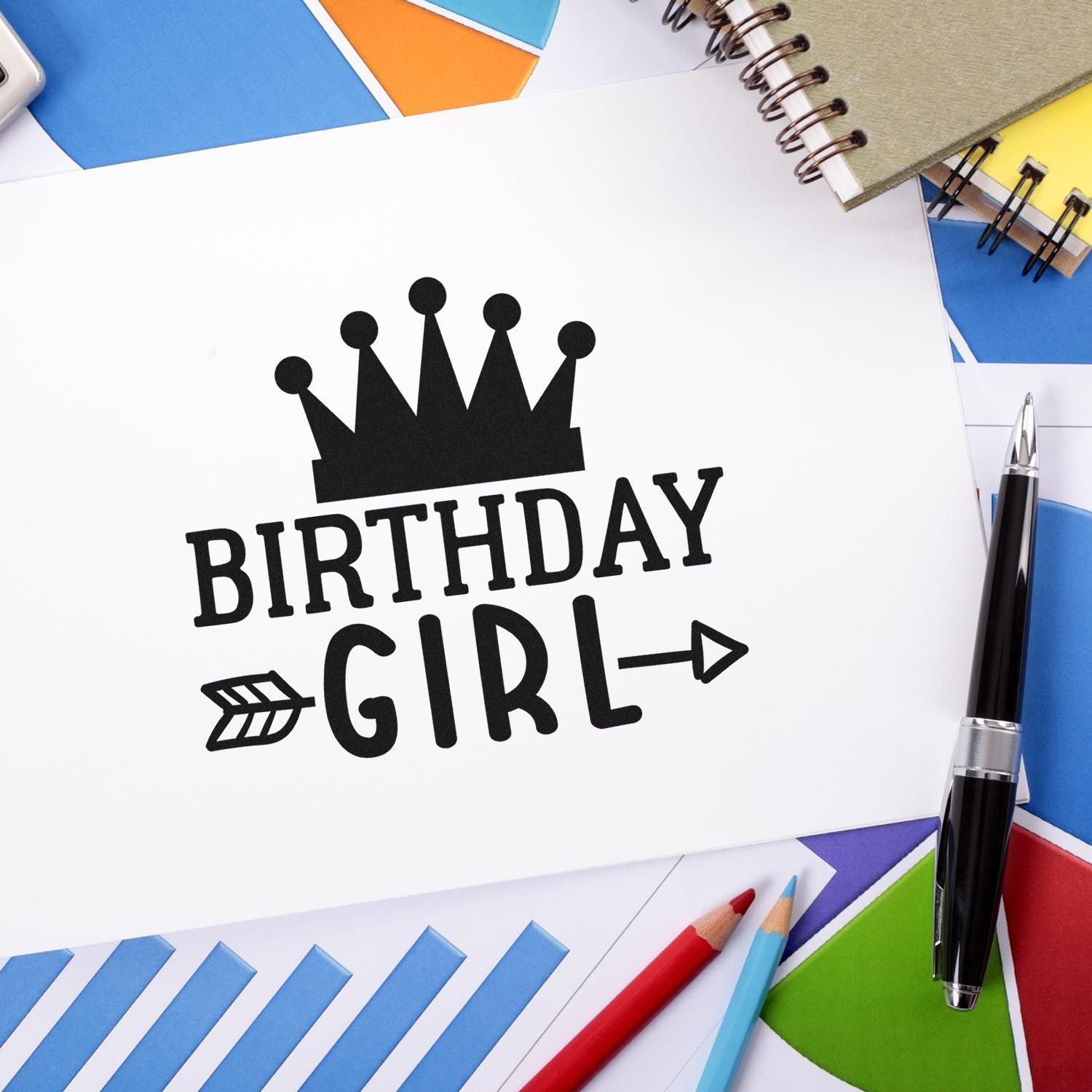 Birthday Girl rubber stamp design with crown, perfect for custom birthday cards, invitations, and party favors.