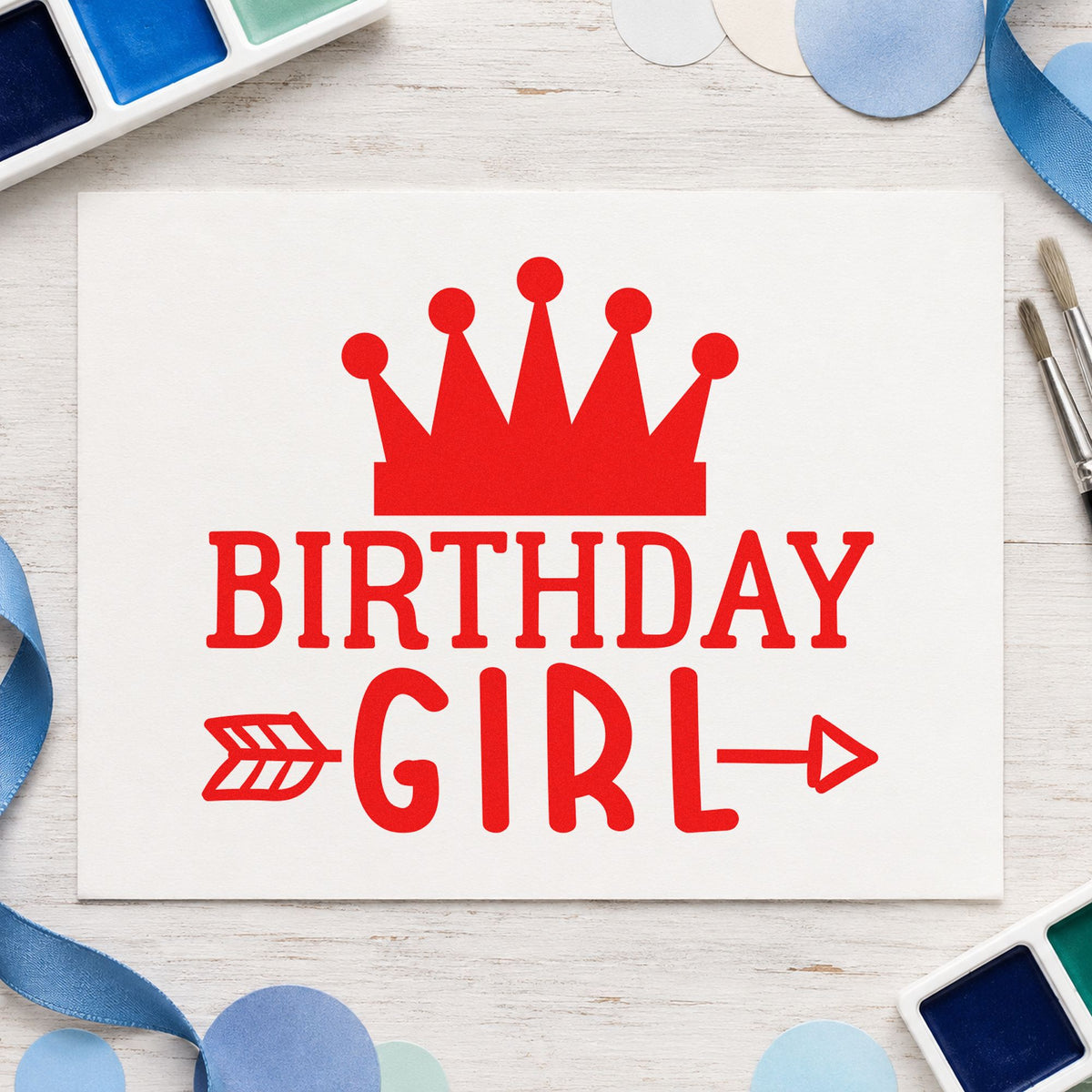 Birthday Girl Crown Arrow rubber stamp shown in red ink, stamped for projects such as bin decor labels.