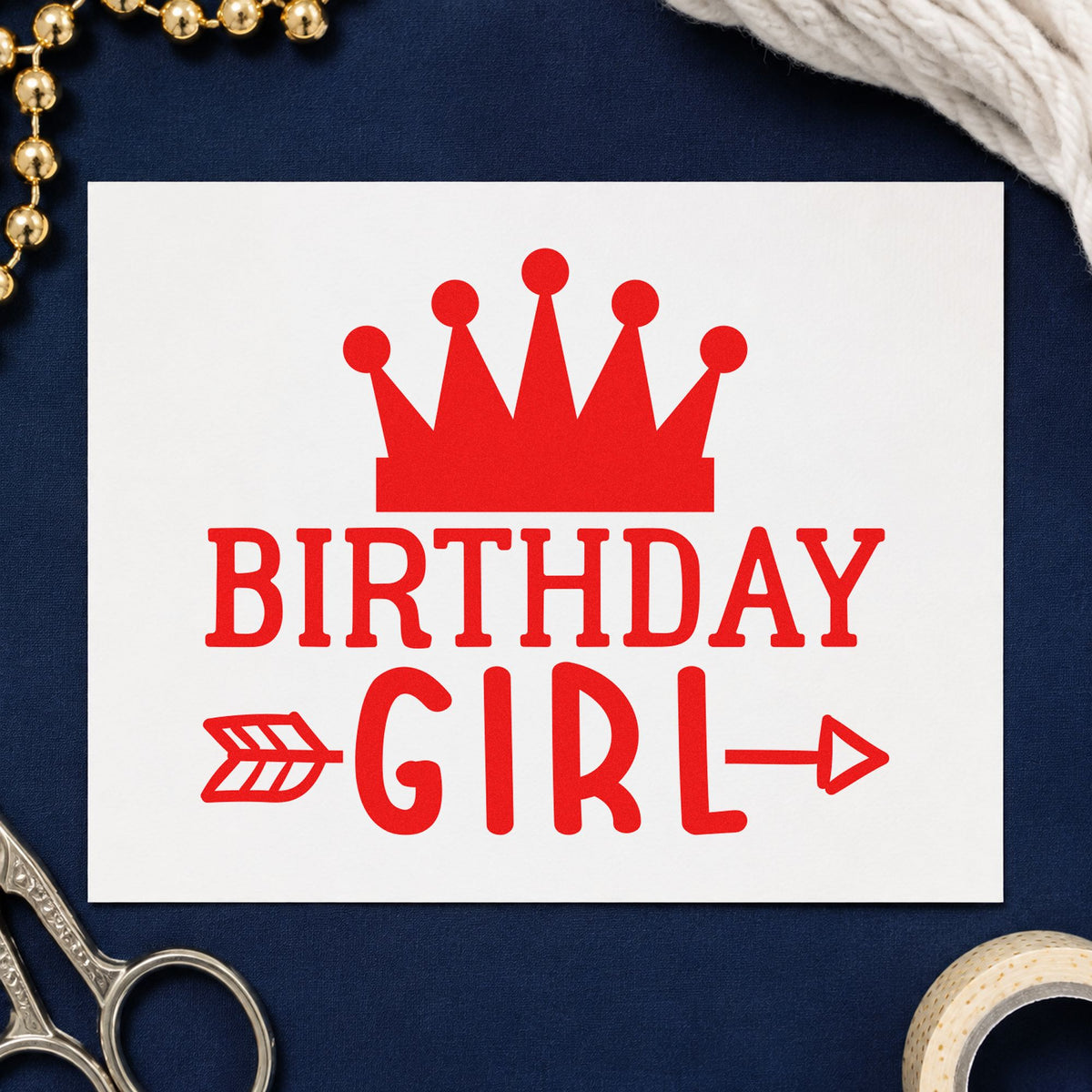 Birthday Girl Crown Arrow craft stamp imprint in red ink on a handmade project, one idea being year note cards.